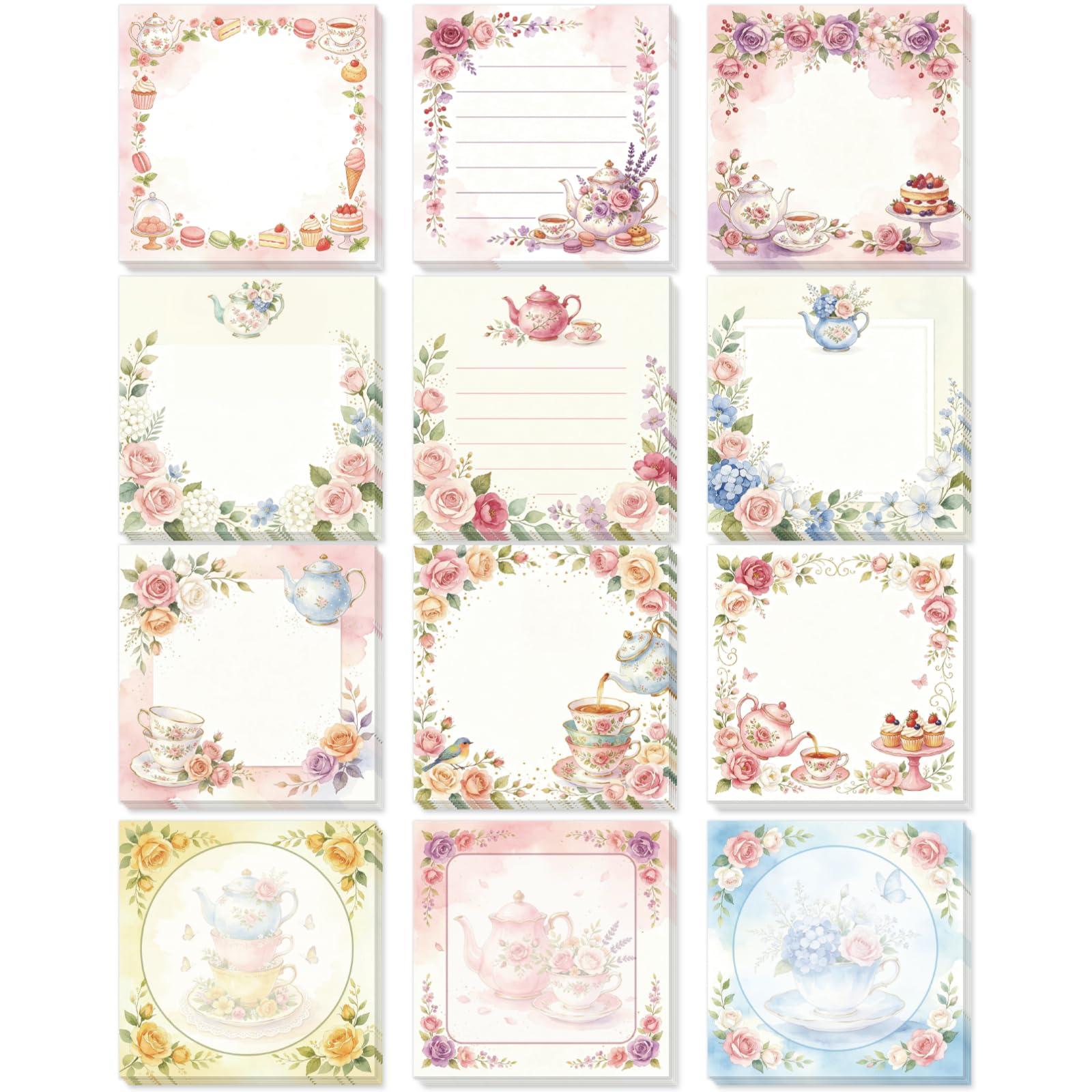 GLOBLELAND 12 Pads 600 Sheets Floral Teapot Sticky Notes Set 7.5x7.5 cm Vintage Tea Self-Adhesive Memo Pads to Do List Sticky Notes for Journaling Office Planner — image 1