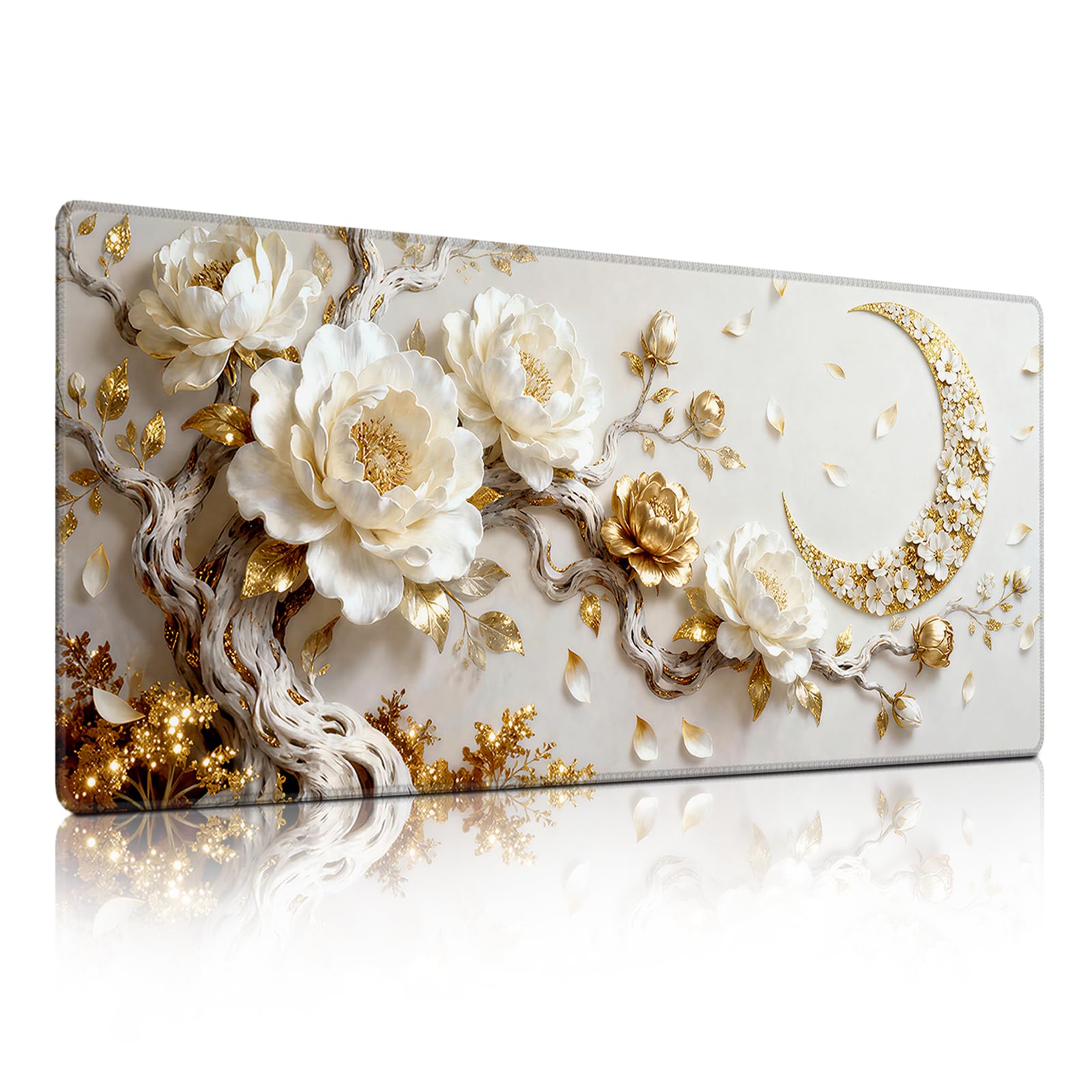 White Peony Gold Moon Mouse Pad, Elegant Floral Branch Desk Mat - Large Mousepad Non-Slip Decor for Office, PC &amp; Laptop - 35.5"x15.7" x 3mm