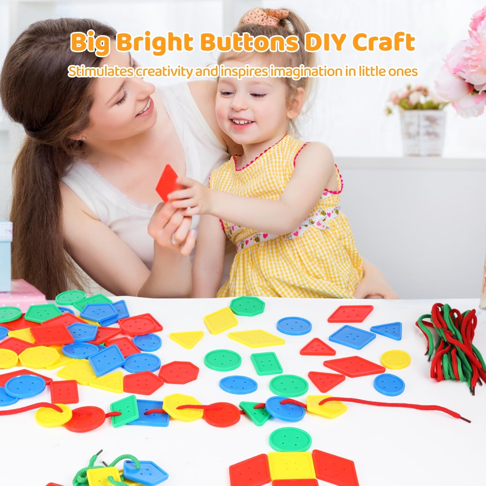 240 Stk. große bunte Knöpfe, geometrische Farbmix-Knöpfe für Kinder ab 3 Jahren, Set mit 30 geflochtenen Schnüren, Formen zum Sortieren für DIY-Bastelprojekte und handgemachte Geschenke