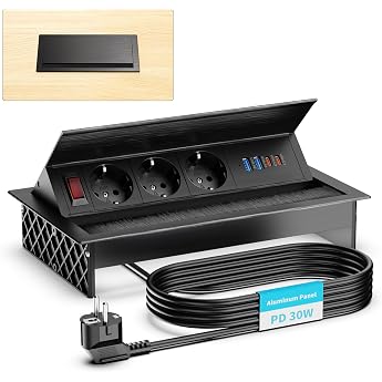 Pindus Retractable Power Socket with USB-C PD 30W, 3 Way, Aluminium, Black | 4 USB ports, 2 x USB-A QC 18W, adjustable angle,