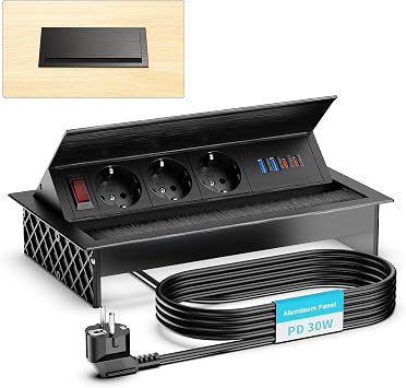Retractable Power Socket with USB-C PD 30W 3 Way Aluminium Black