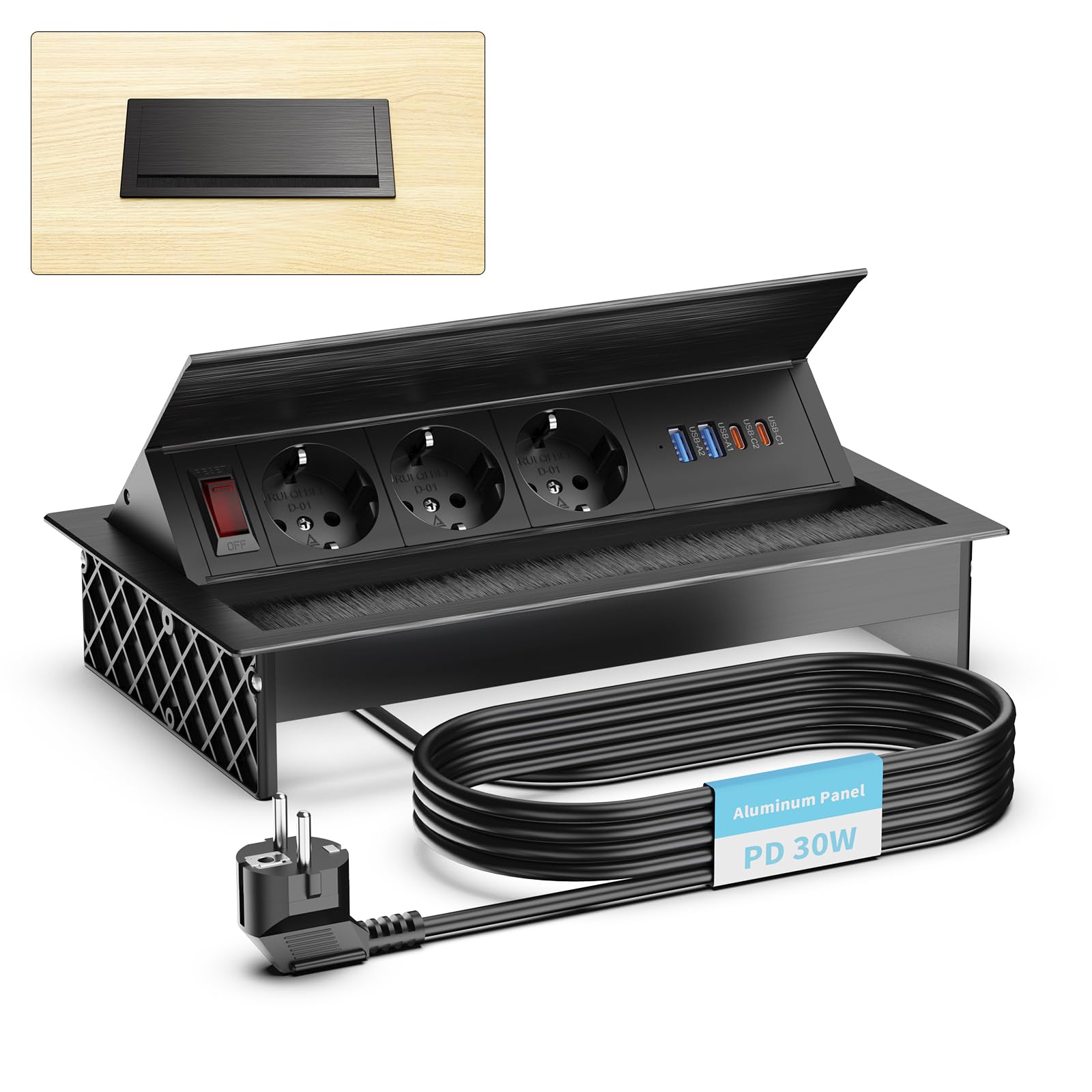 Versenkbare Steckdose mit USB-C PD 30W, 3-Fach, Aluminium, Schwarz | 4 USB-Ports, 2x USB-A QC 18W, Verstellbarer Winkel, Kabelführung, 1,8 m Kabel, Schreibtisch & Küche