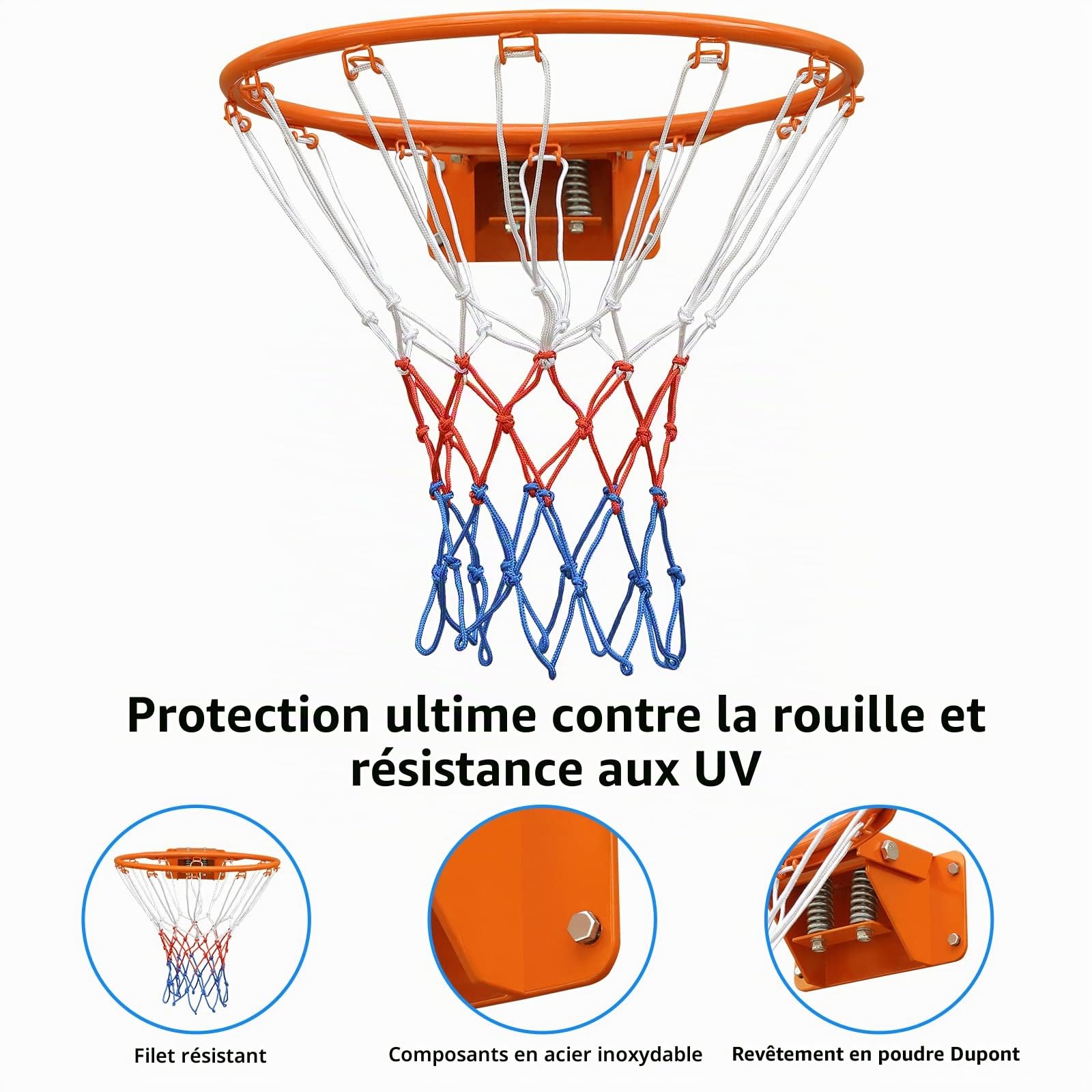 Cerceau de basket-ball, 18" orange, acier allié, fixation murale, intérieur/extérieur