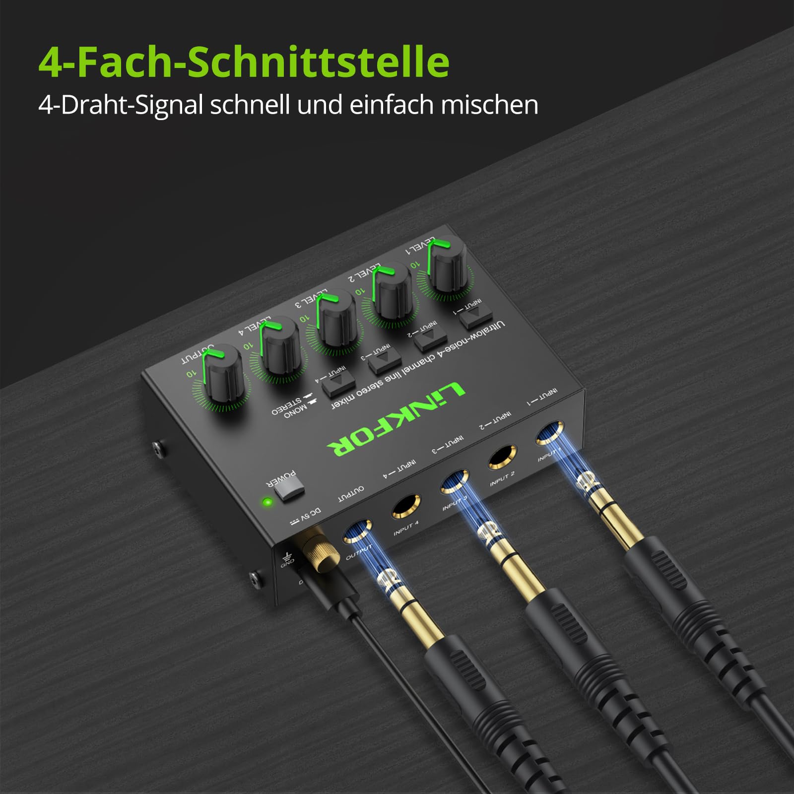 LiNKFOR 4 Kanal Stereo Audio Mixer, Ultra Niedriges Rauschen, Unabhängige Lautstärkeregelung, DC 5V Type-C Mini-Audiomischer mit Netzteil Audiokabel für Mikrofone, Gitarren, Bässe, Keyboards