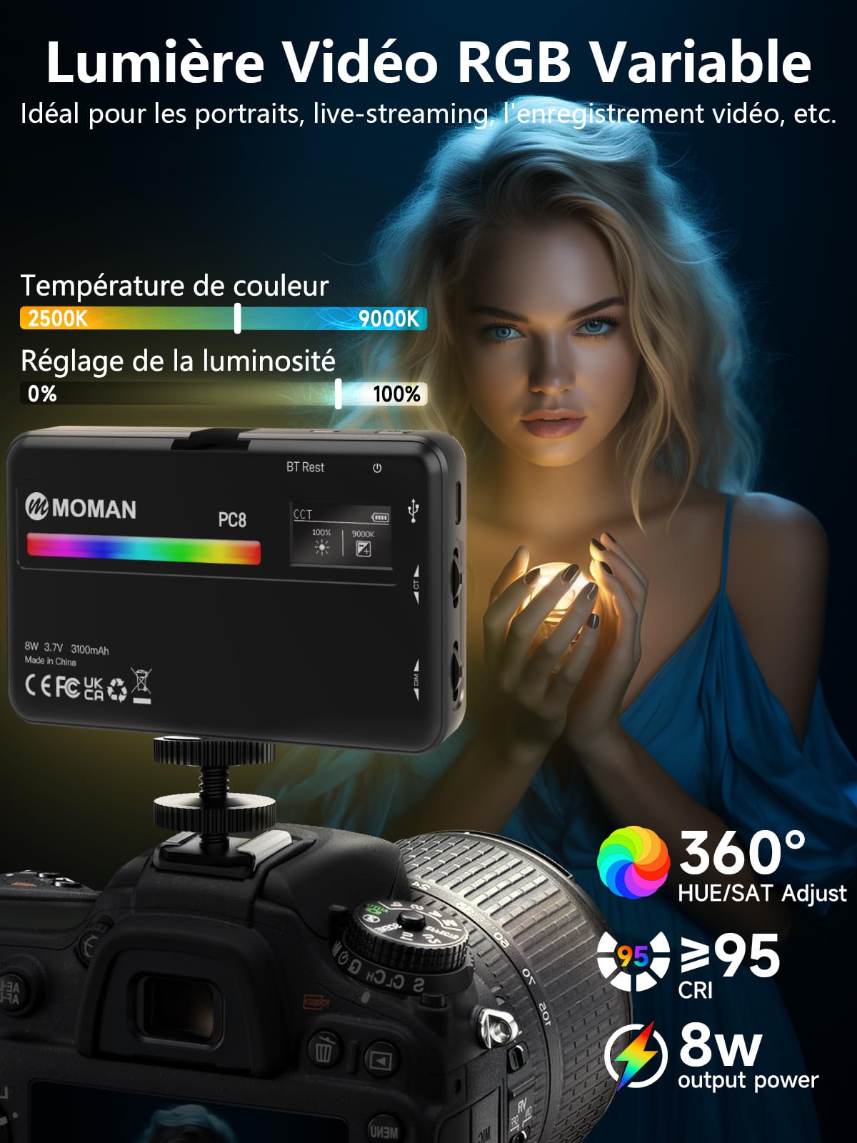 Lumiere Video, Moman PC8 RGB Panneau LED Apparreil Photo Portable 125g avec Batterie Rechargeable pour Photographie Streaming en Direct Enregistrement Youtube, Eclairage-Camera-Panneau-Lampe-Photo
