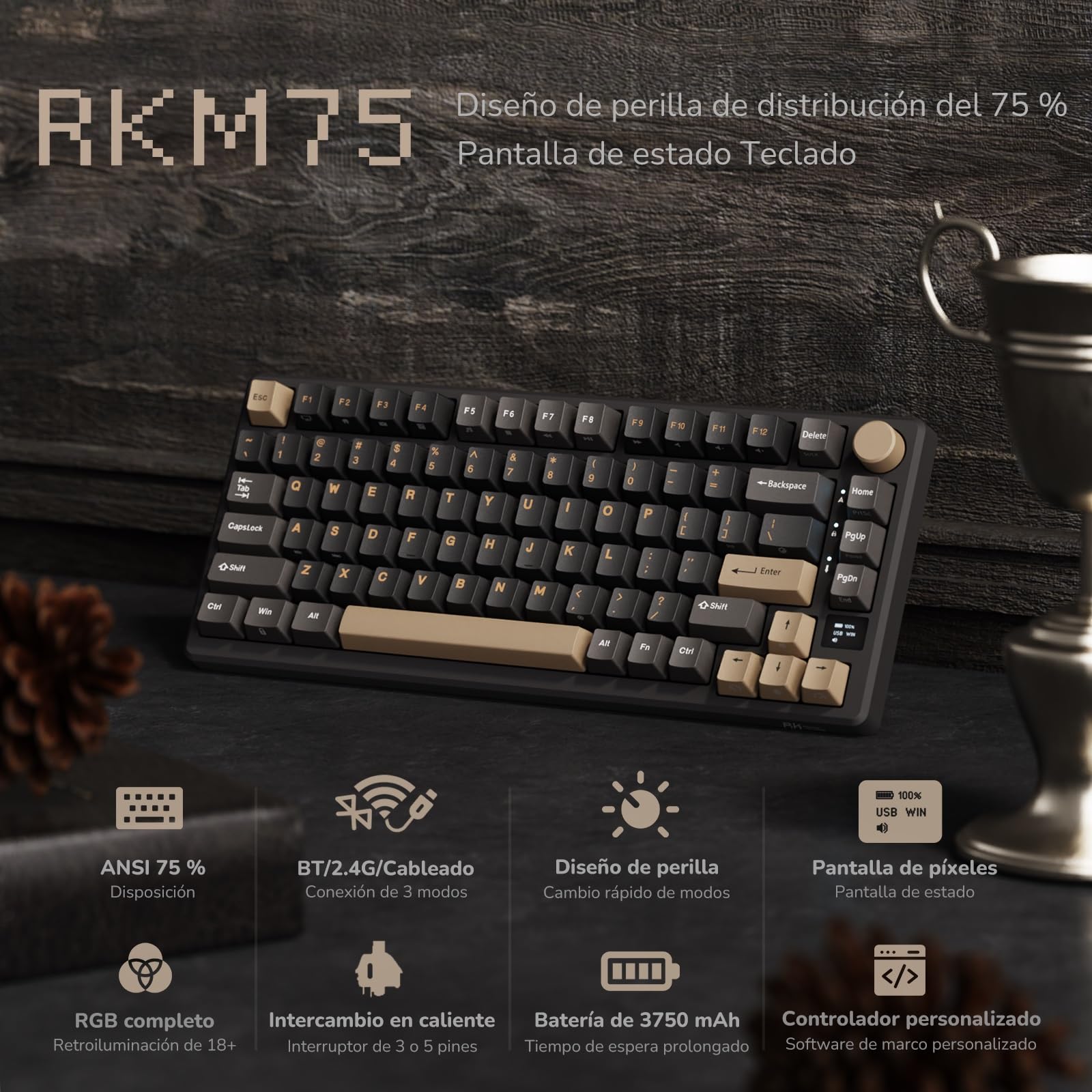 RK ROYAL KLUDGE M75 Teclado Mecánico Inalámbrico con Pantalla OLED, 75% Gasket Bluetooth/2.4G/USB-C, Layout US Teclado con 81 Teclas, Retroiluminación RGB, Hot-Swap (Interruptor Rojo, Gris)