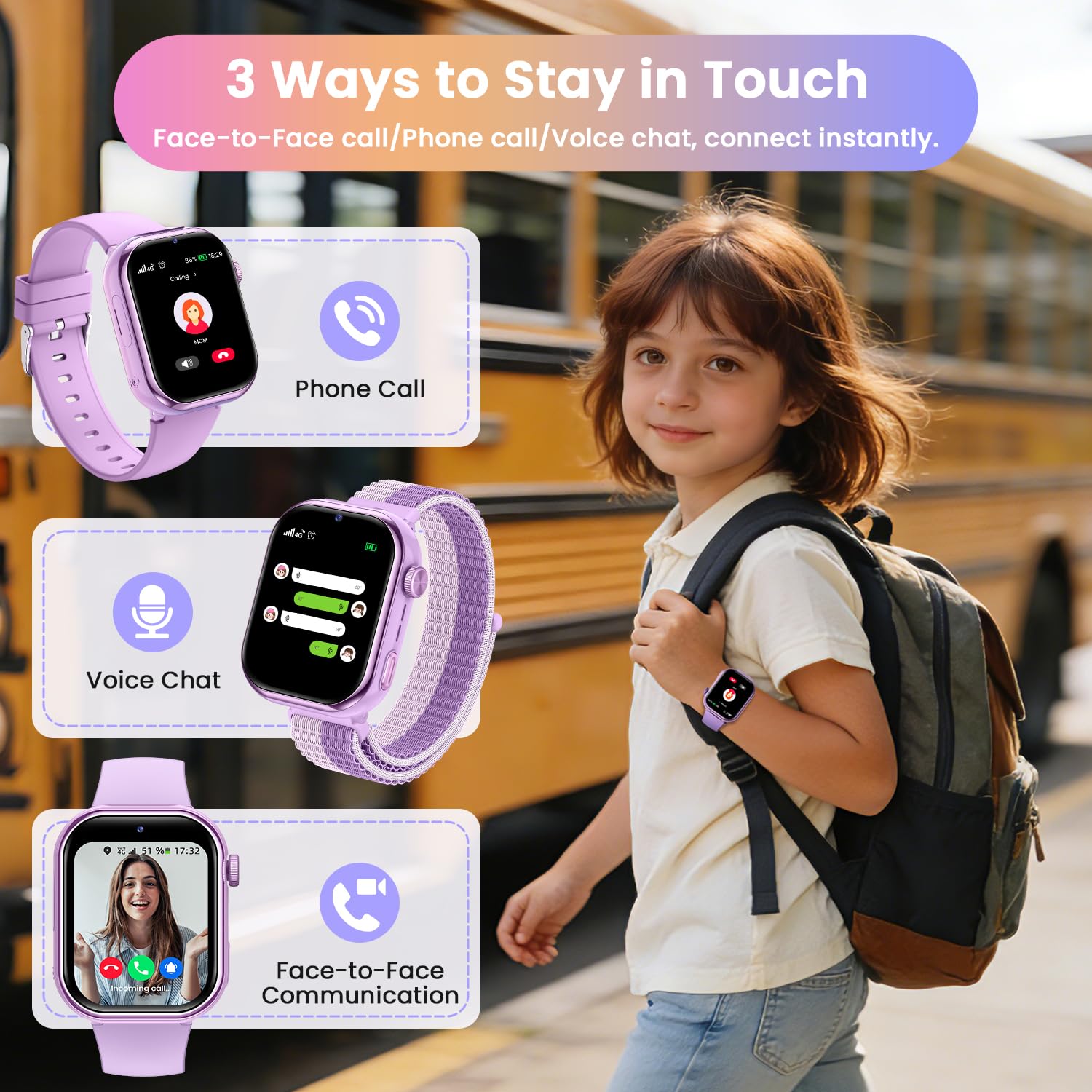 4G Montre Connectée Enfant avec GPS, Double Caméra, Appel Vidéo, SMS, Chat Vocal, SOS, Mode Classe, Réveil, Lampe Torche, IP68, Podomètre, Cadeau pour Garçons Filles, Violet - Garantie 3 Ans