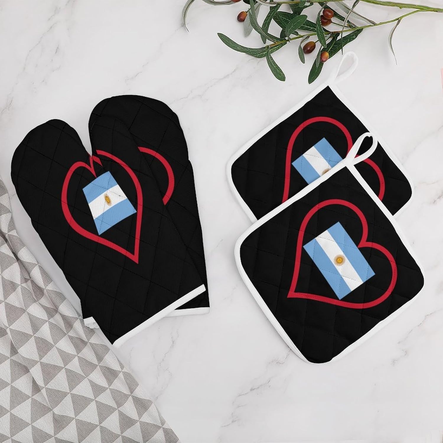 I Love Argentina Red Heart Oven Mitts and Pot Holders 4Pcs Set Heat Resistant Cooking Mitts Hot Pads