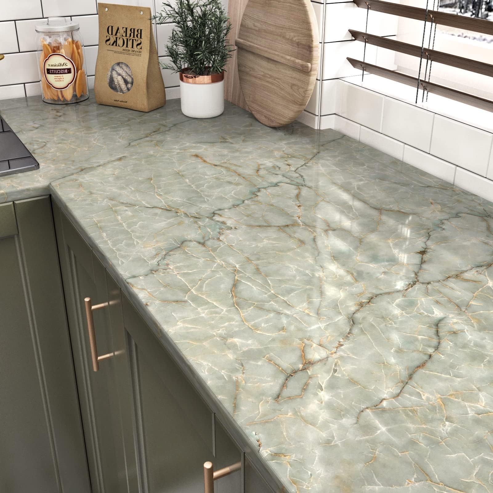 LIKILIKI 15.75" x 472" Green Marble Contact Paper for Countertops Waterproof Marble Wallpaper Peel and Stick Countertops Self Adhesve Contact Paper for Cabinets Removable Counter Top Stick Paper Roll