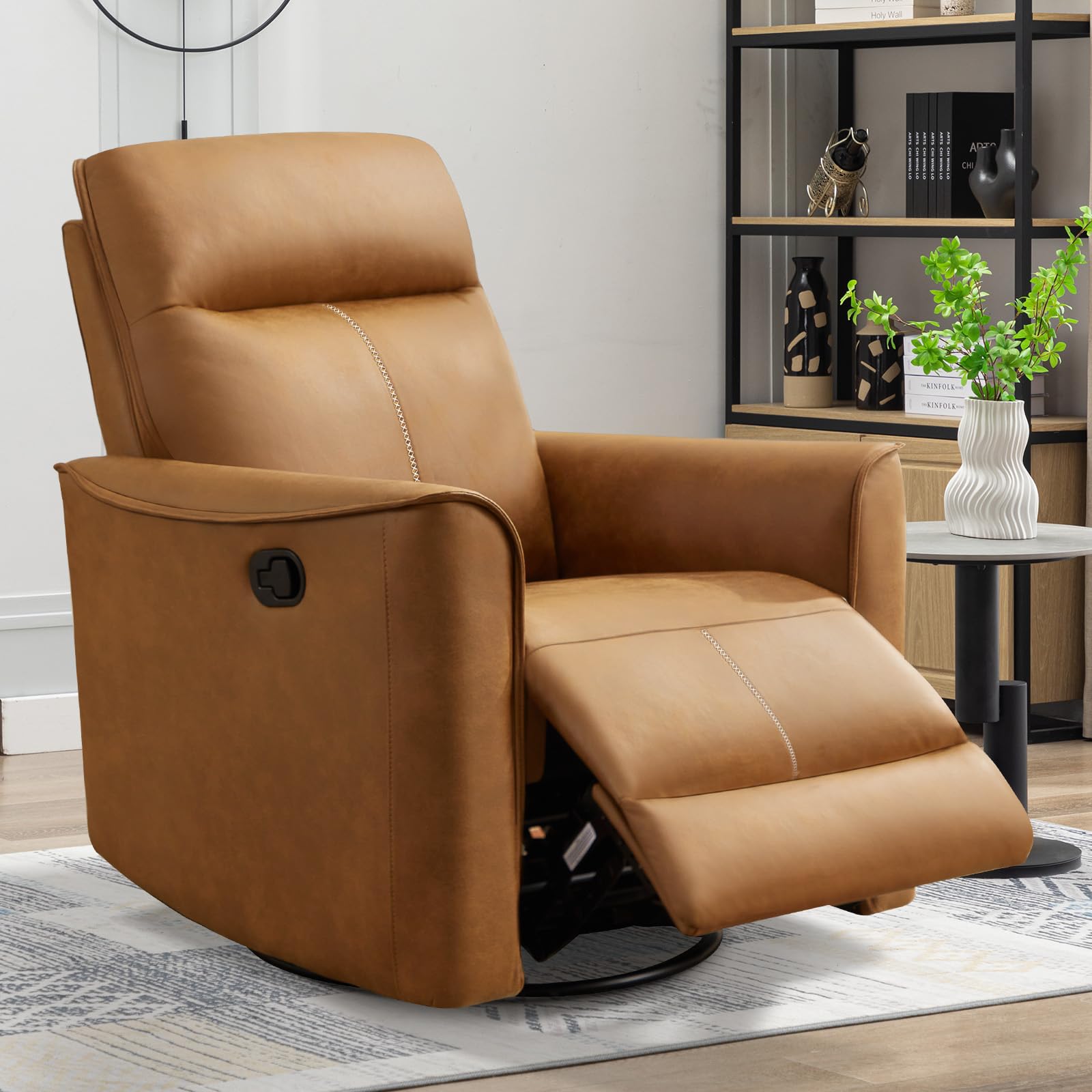 ANJ Manual Swivel Rocker Recliner, Glider Recliners with Padded Armrest and Backrest, Soft Leather Nursery Rocking Recliner Chair Reclining Sofa for