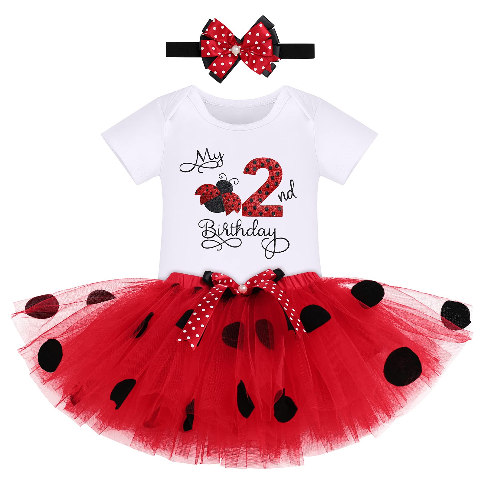 Baby Girls Ladybug 2nd Birthday Outfit Mini Mouse Polka Dot Romper Bodysuit Bowknot Tutu Skirt Dress Cake Smash Outfit Mouse Ears Headband Princess Costume for Photo Shoot Ladybug 2nd Birthday 2 Years