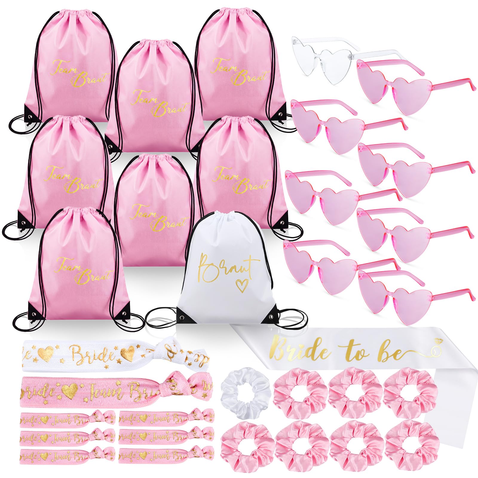 BBTO 33 Piezas Accesorios Despedida de Soltera Mujer Bride To Be & Team Bride Kit con 8 Bolsas, 8 Gafas Corazón, 8 Pulseras, 8 Scrunchies y 1 Banda para Novia