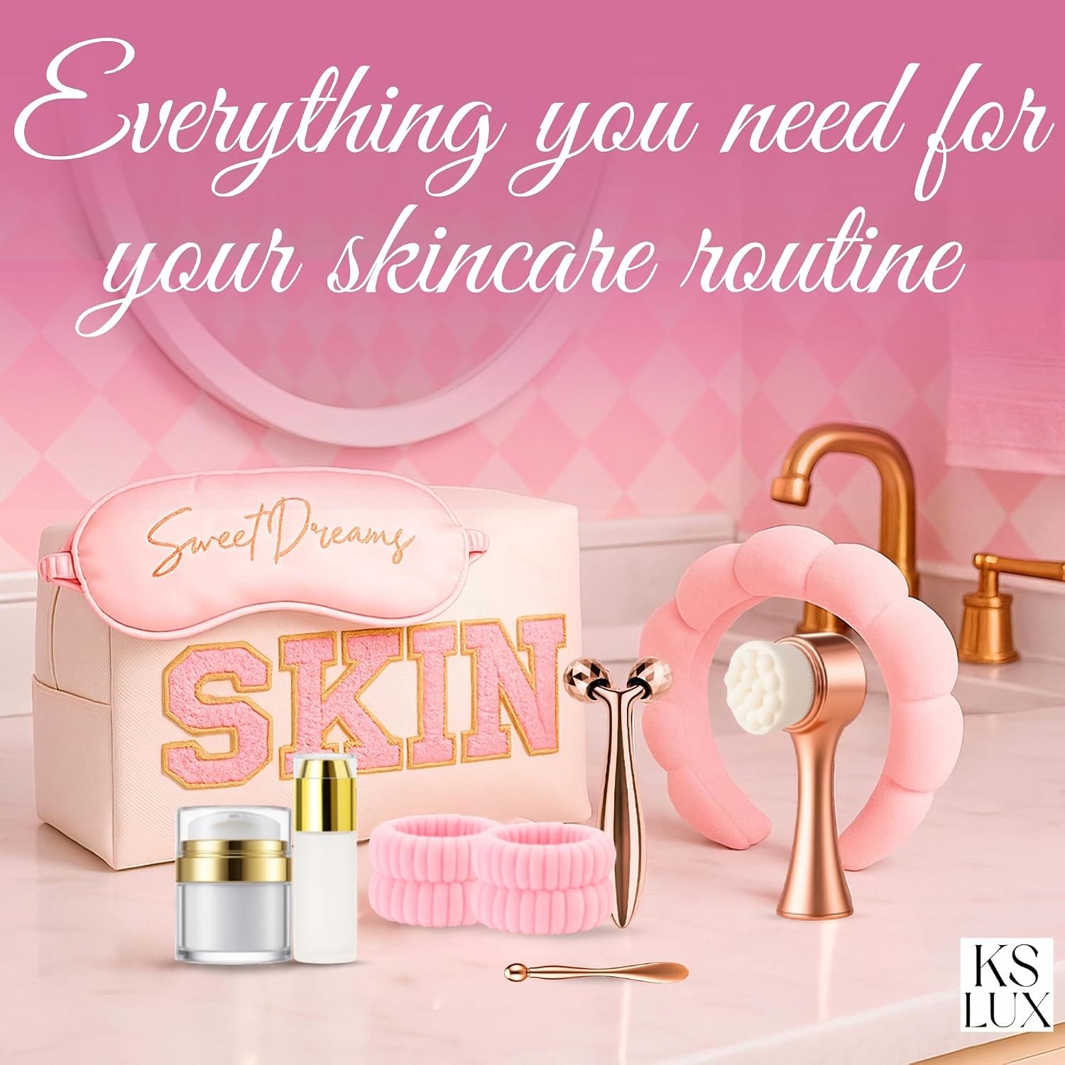 Preppy skincare set women, pink skincare for teen girls, cute skin care kit for teens, girls skin care tools, cute preppy stuff for girls 10-12, cool teenager girl gift ideas with clean girl aesthetic