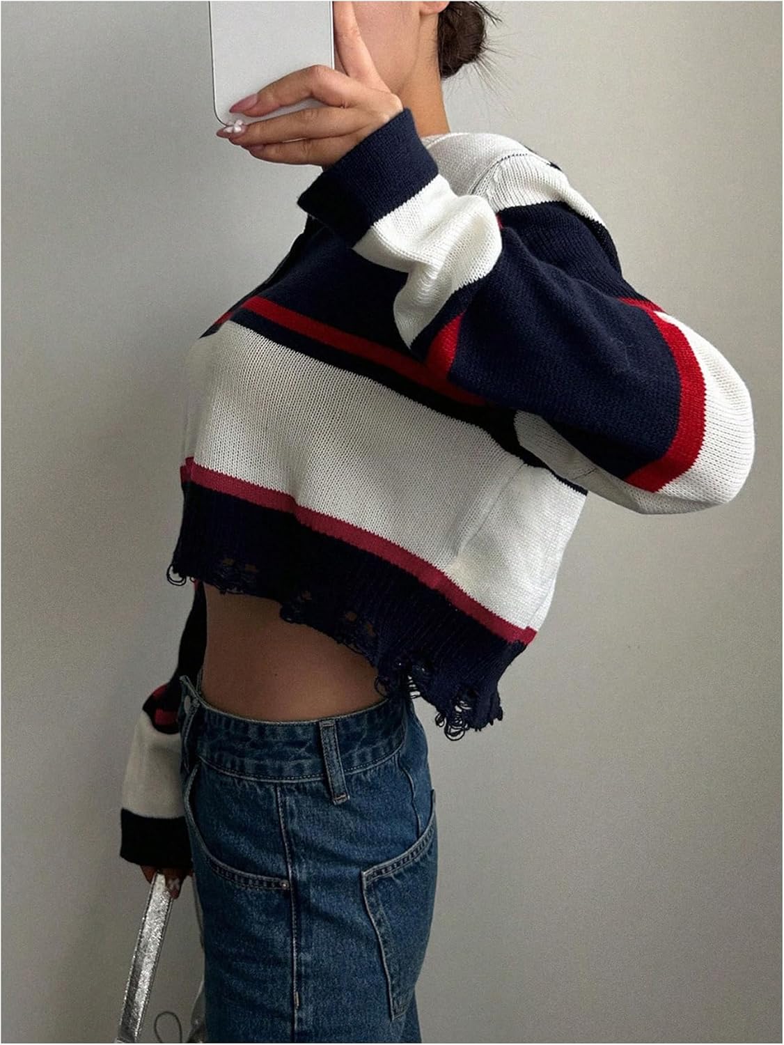 WDIRARA Women's Colorblock Ripped Sweater Long Sleeve Collar Pullovers Knit Crop Tops - Image 4