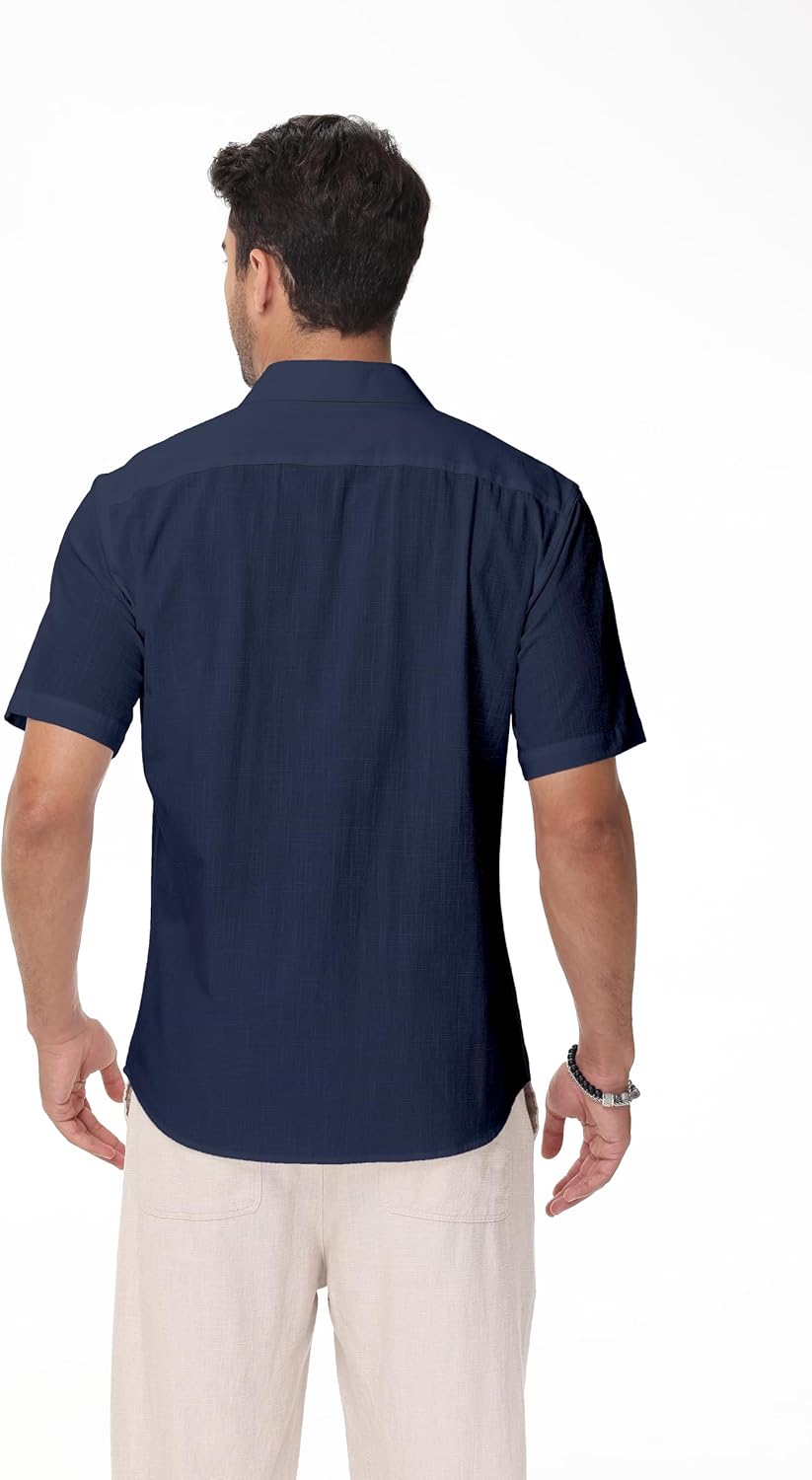 Mens Linen Shirts Short Sleeve Button Down Regular Fit Shirts Casual Vacation Beach Summer Hawaiian Tops - Image 2