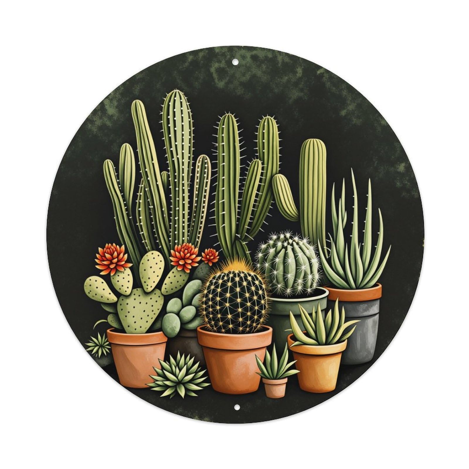 Cactus Garden Plant Arrangement Pattern Round Tin Sign Vintage Style Metal Sign Home Bar Garden Wall Plaque Decor Metal Poster 8x8 Inch