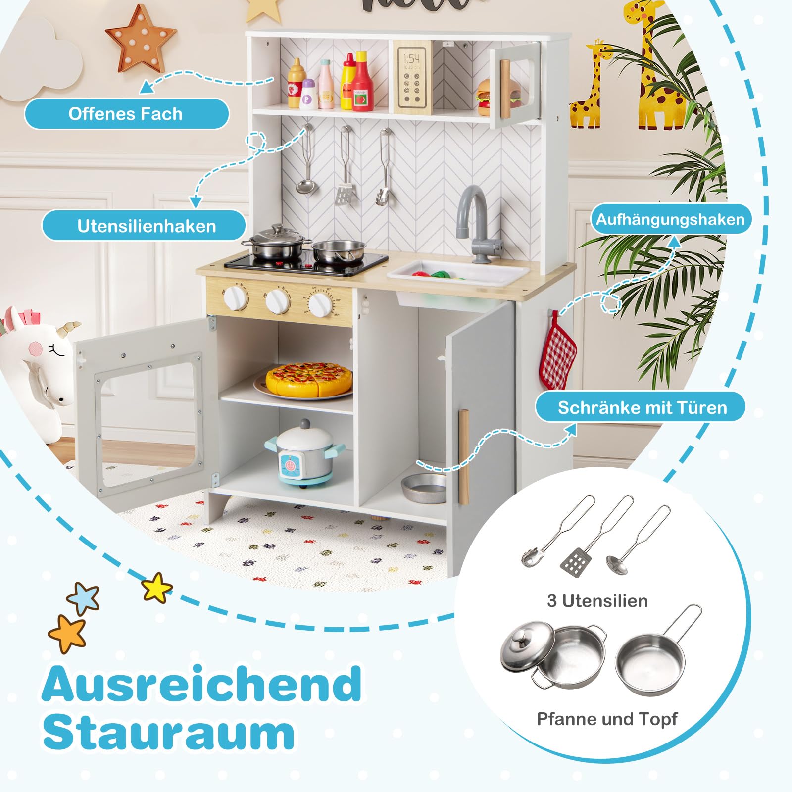 DREAMADE Kinderküche Holz mit Zubehör, Holzküche Mini Küche Kinder Küche mit Herd Ofen Waschbecken, Spielküche mit Licht und Sound für Kinder ab 3 Jahren (Weiß)