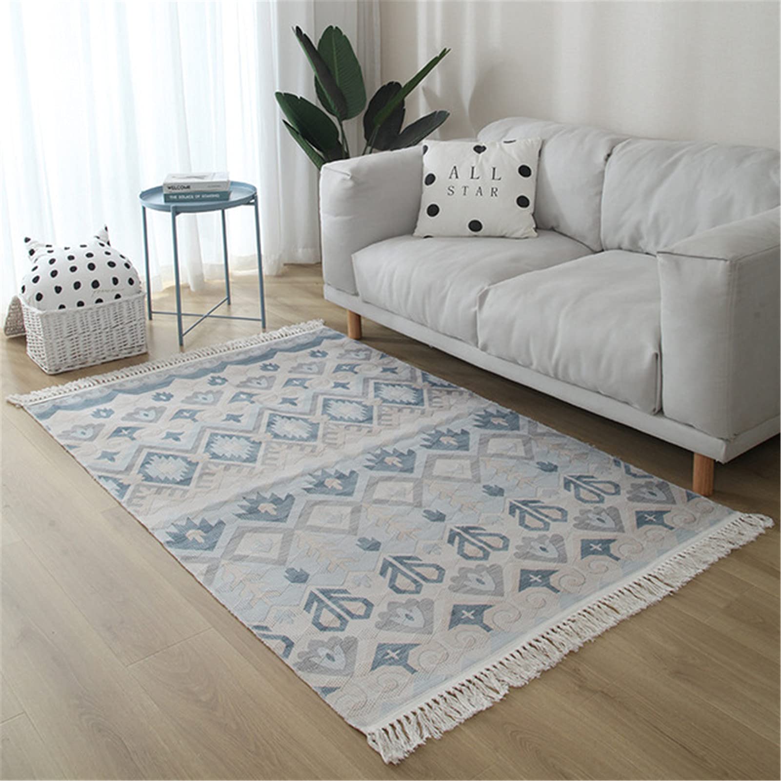 Tapis tissé à la main en coton et lin avec pompon - Style bohème - Pour salon, chambre à coucher - Largeur : 60 cm - Largeur : 160 cm