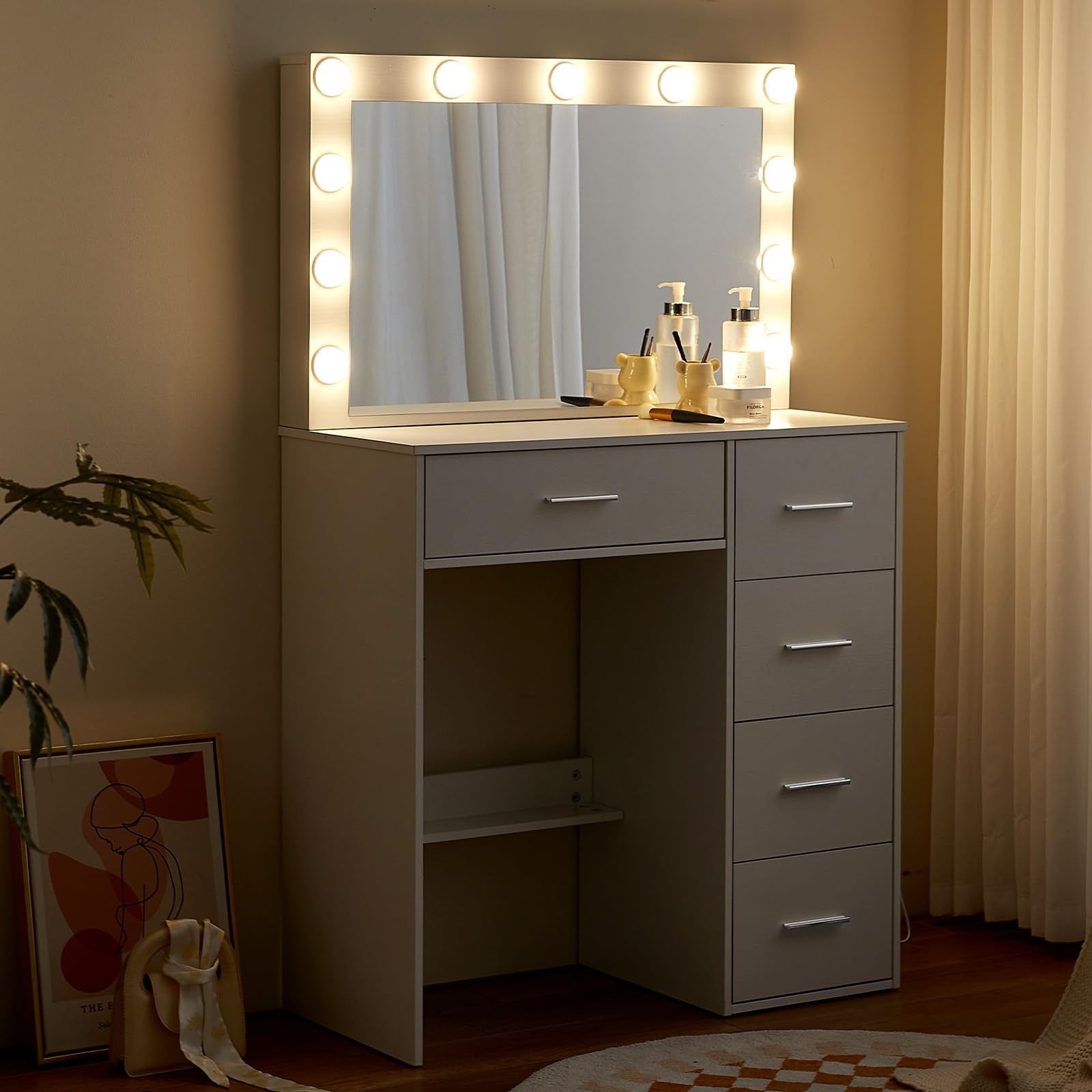 Tocador con iluminación LED, mesa de maquillaje con espejo, mesa de cosméticos con espejo, 3 colores con brillo ajustable - M50