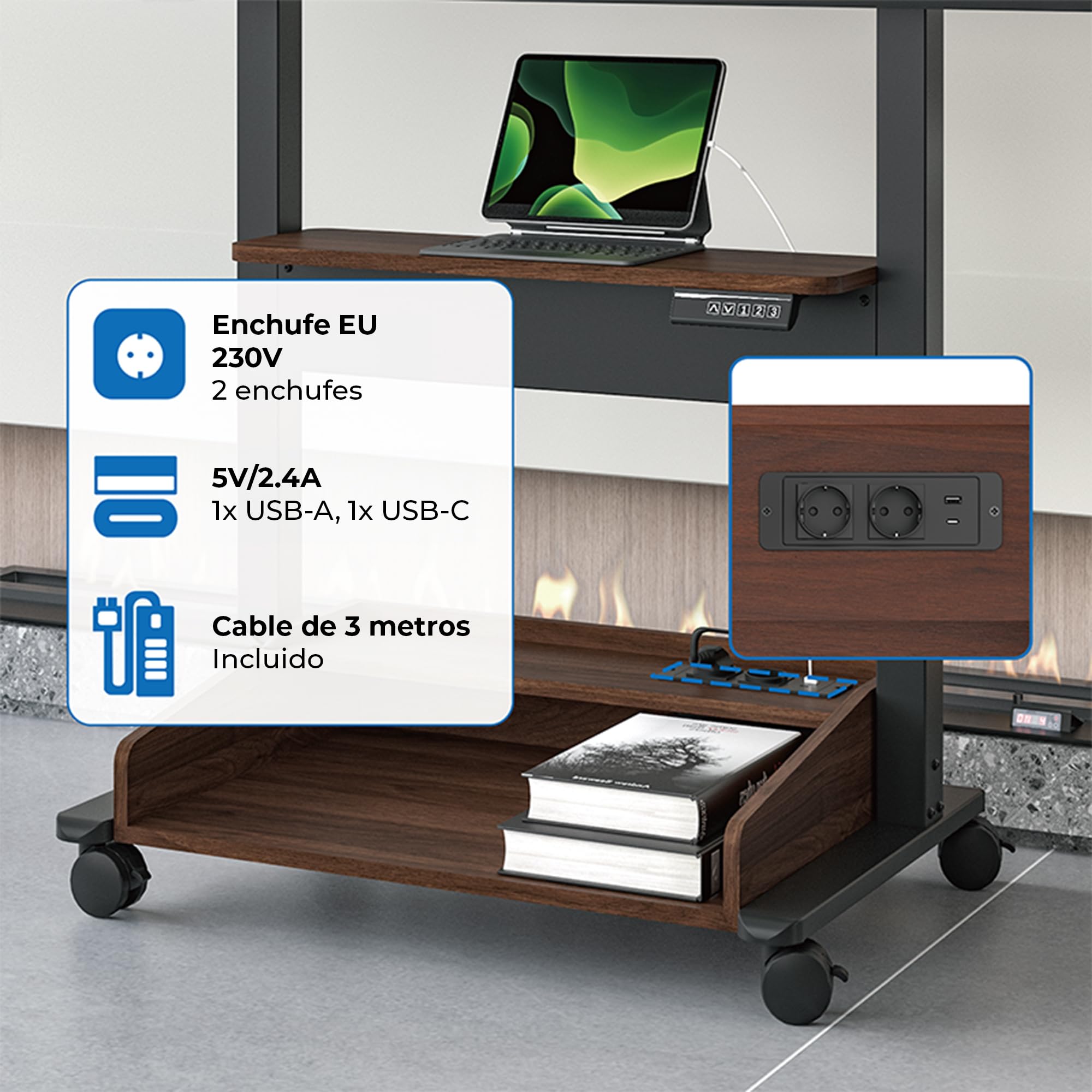 DQ TV Elevador Zelos eléctrico para TV de 37 a 85 Pulgadas Soporte de Enrollable, regulación de Altura Mediante Mando motorizado de Carga hasta 70 kg, 3 estantes y regleta de enchufes, Nogal Negro