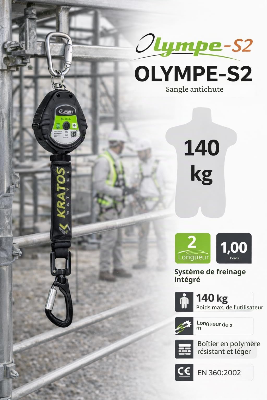 KRATOS SAFETY - Olympe-S2, Antichute à Rappel Automatique avec Sangle LG. 2m - 119-FA2050202