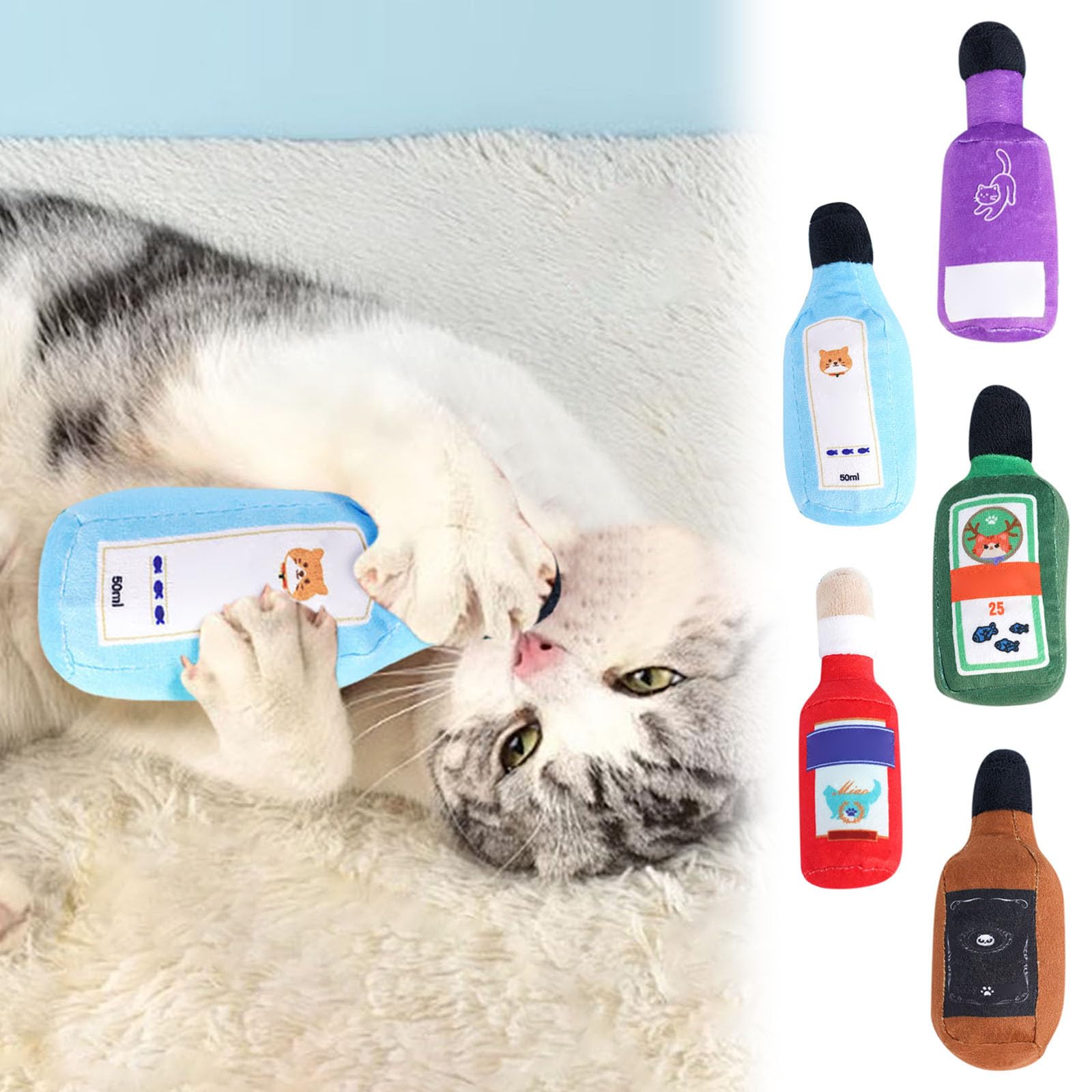 Katzenspielzeug-Set mit Katzenminze, interaktives Weinflaschen-Design, integriertes Soundgerät für spannendes Spielen, Kauen und Langeweile für Katzen, 5 lustige Farben