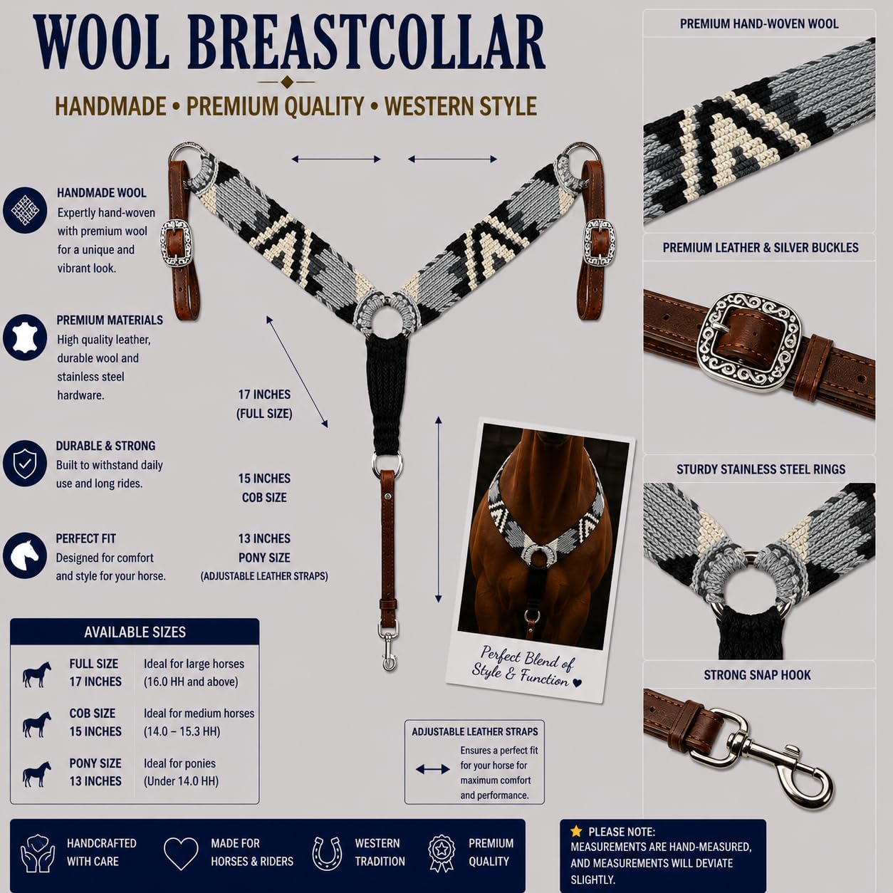 Cheval's International Collares de pecho de lana de mohair, equipo de equitación premium, mazorca