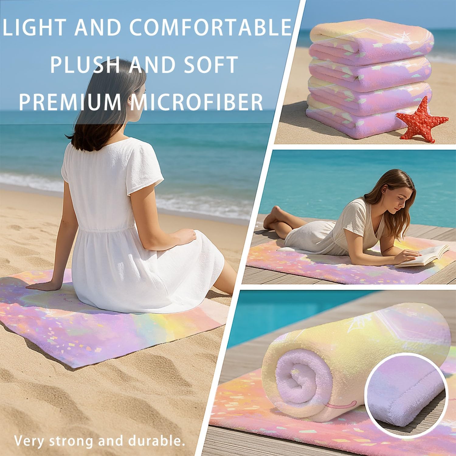 Serviette de Plage Microfibre 230 x 210 CM,Drap de Plage Féerique, Doux, Couverture de Plage Absorbante,Couverture de Bain Visages Souriants Mignons, Étoiles
