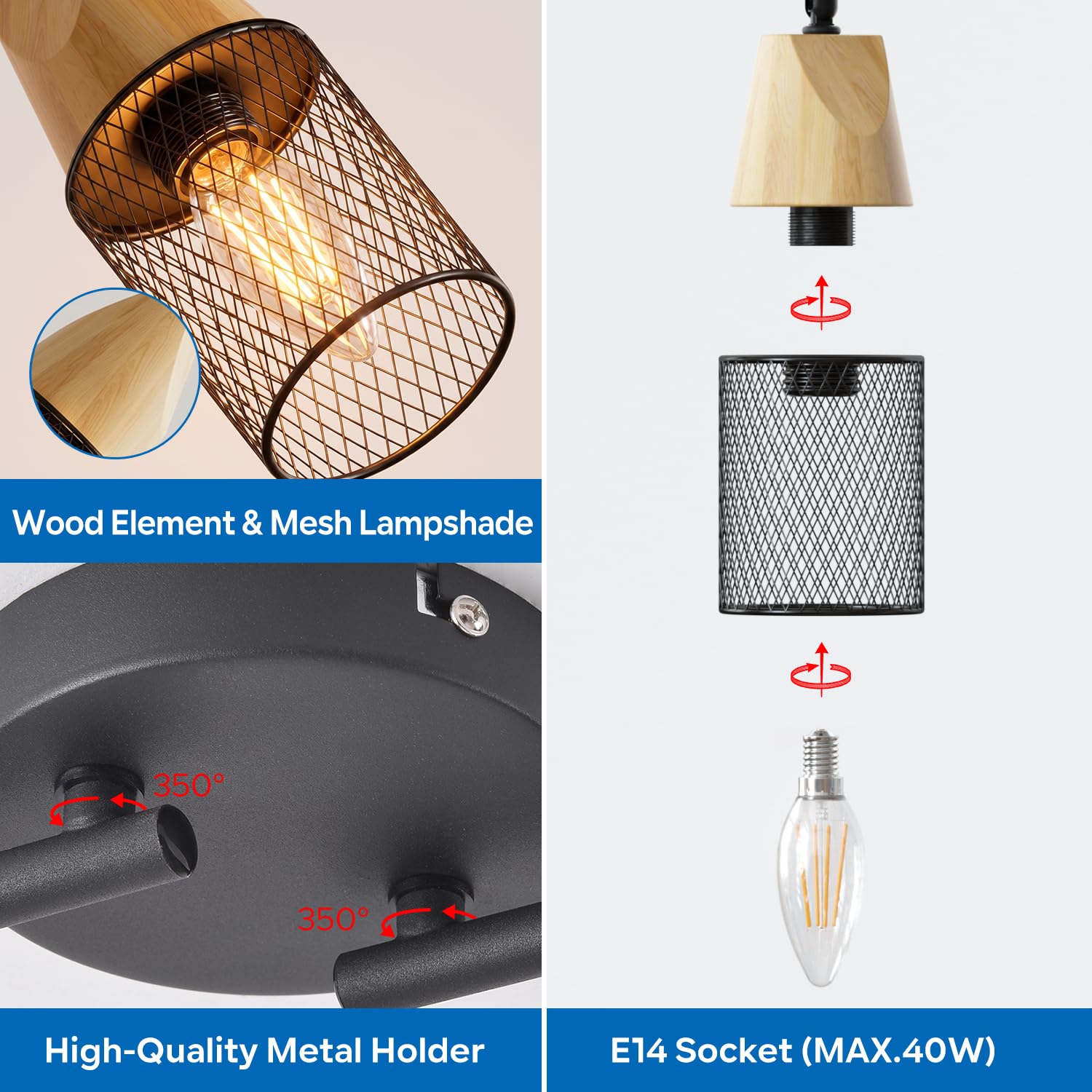 ANWIO Faretti Soffitto Orientabili, Faretti Legno Soffitto 4 Luci, Plafoniera da Parete E14 Nero, Faretto LED Interno Illuminazione per Barra, Salotto, Cameretta, Cucina, Corridoio (Senza Lampadina)