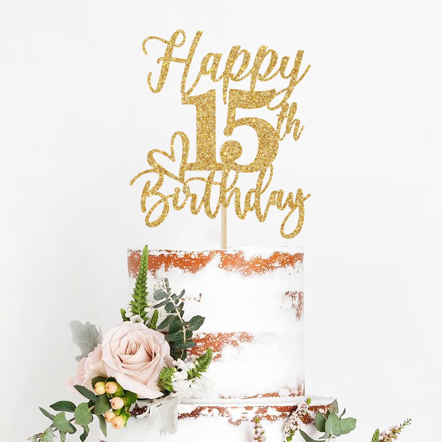 Happy 15th Birthday Cake Topper - 15 Years Blessed Glitter Gold Cake Decor For Teen Party - View #5