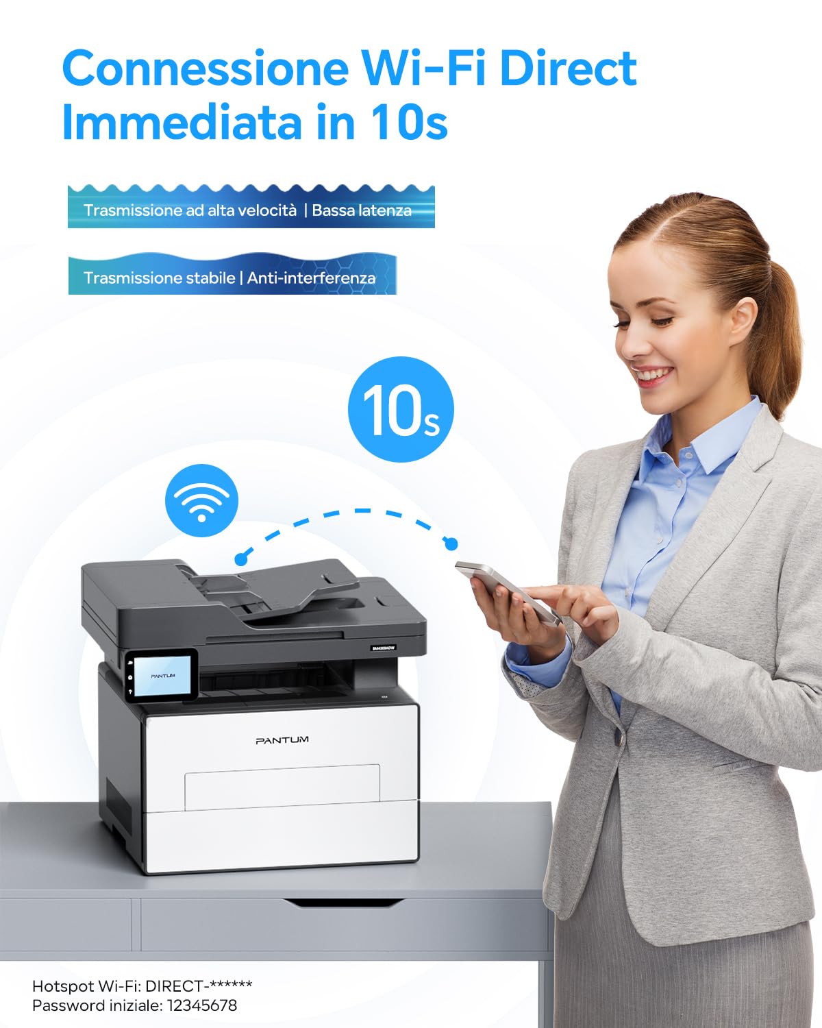 PANTUM BM4309ADW Stampante Laser Multifunzione, Stampa/Scansione Fronte e Retro Automatica, ADF, 30ppm, USB, WiFi, Display Touchscreen 3.5 Inch