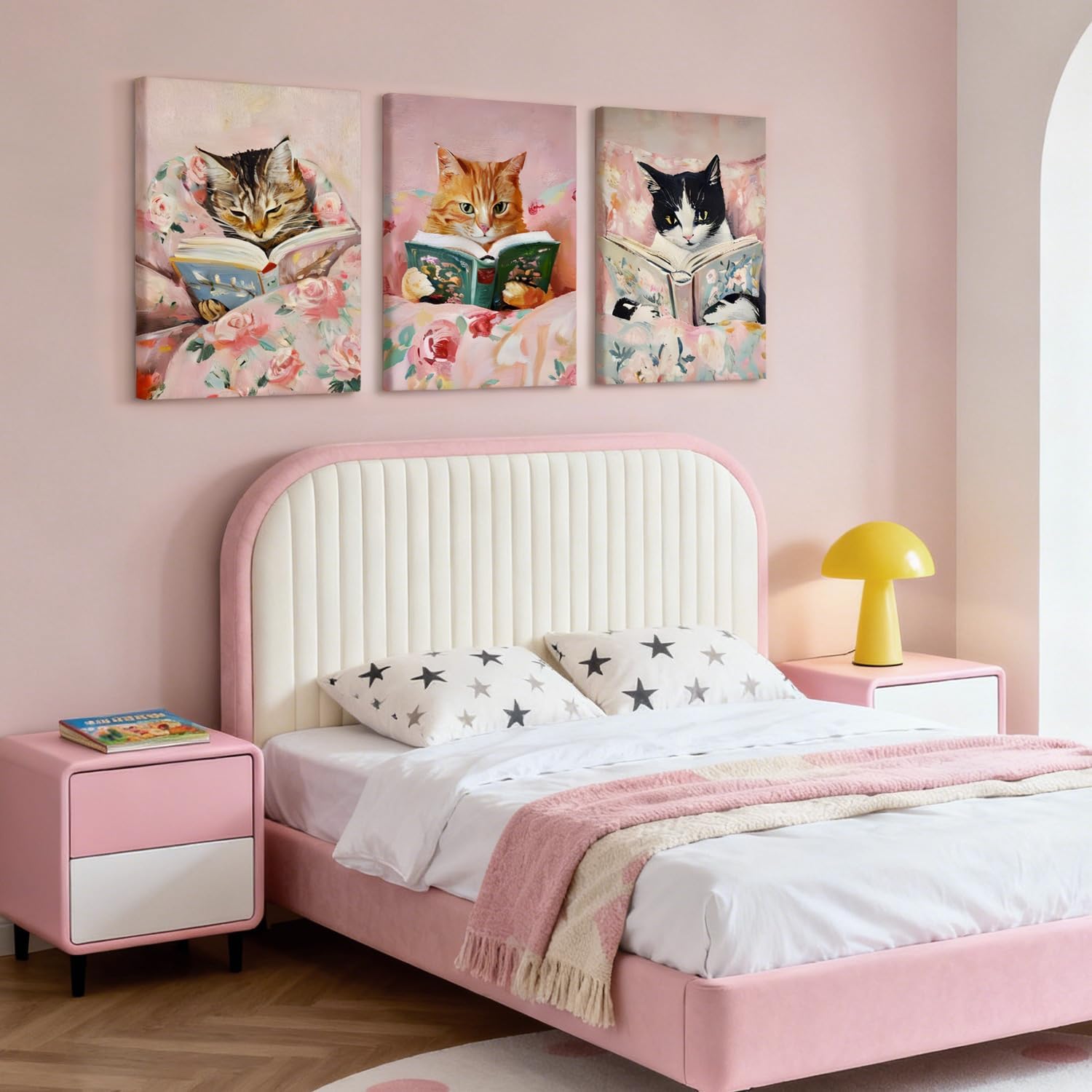 NCCXNCC 3Pcs Cute Cat Reading Canvas Wall Art Fun Animal Reading Books Wall Decoration Artwork Whimsical Cat Paintings Prints Suitable for Bedroom Reading Corner Children's Room 12x16 inch Framed