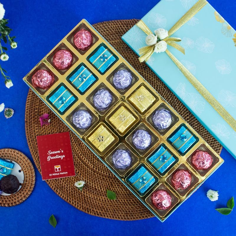 DI MITHAI NATION 21 pc Assorted Handamde Chocolate Packed Together in a Classic Blue & Gold Leaf Box