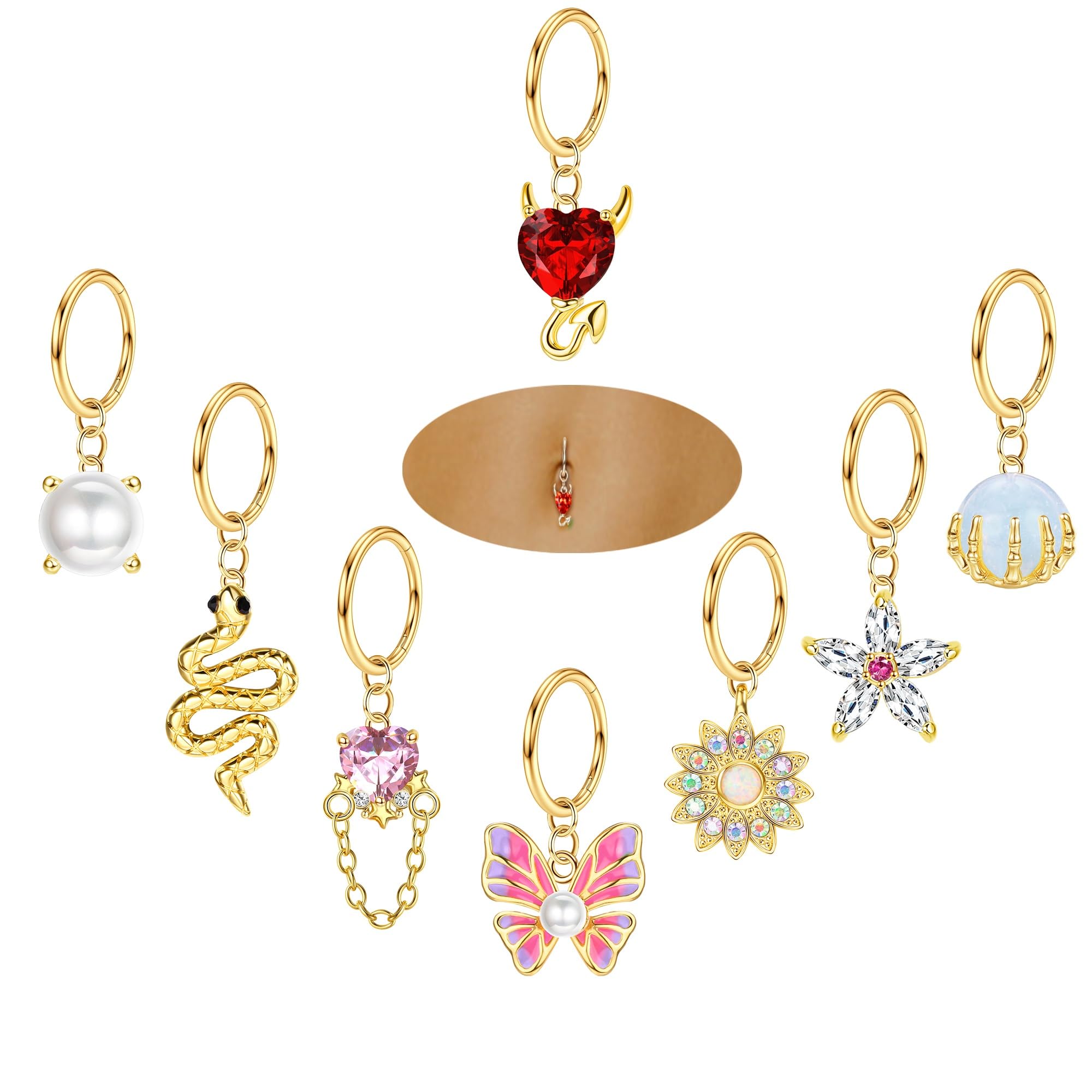 Kakonia 8 Anillos Para Piercing De Ombligo Para Mujer, Colgantes Dorados, Anillos Para Ombligo,Circonita Cúbica, Piercing Para Ombligo, Aro Con Bisagras, Piercing Para Ombligo