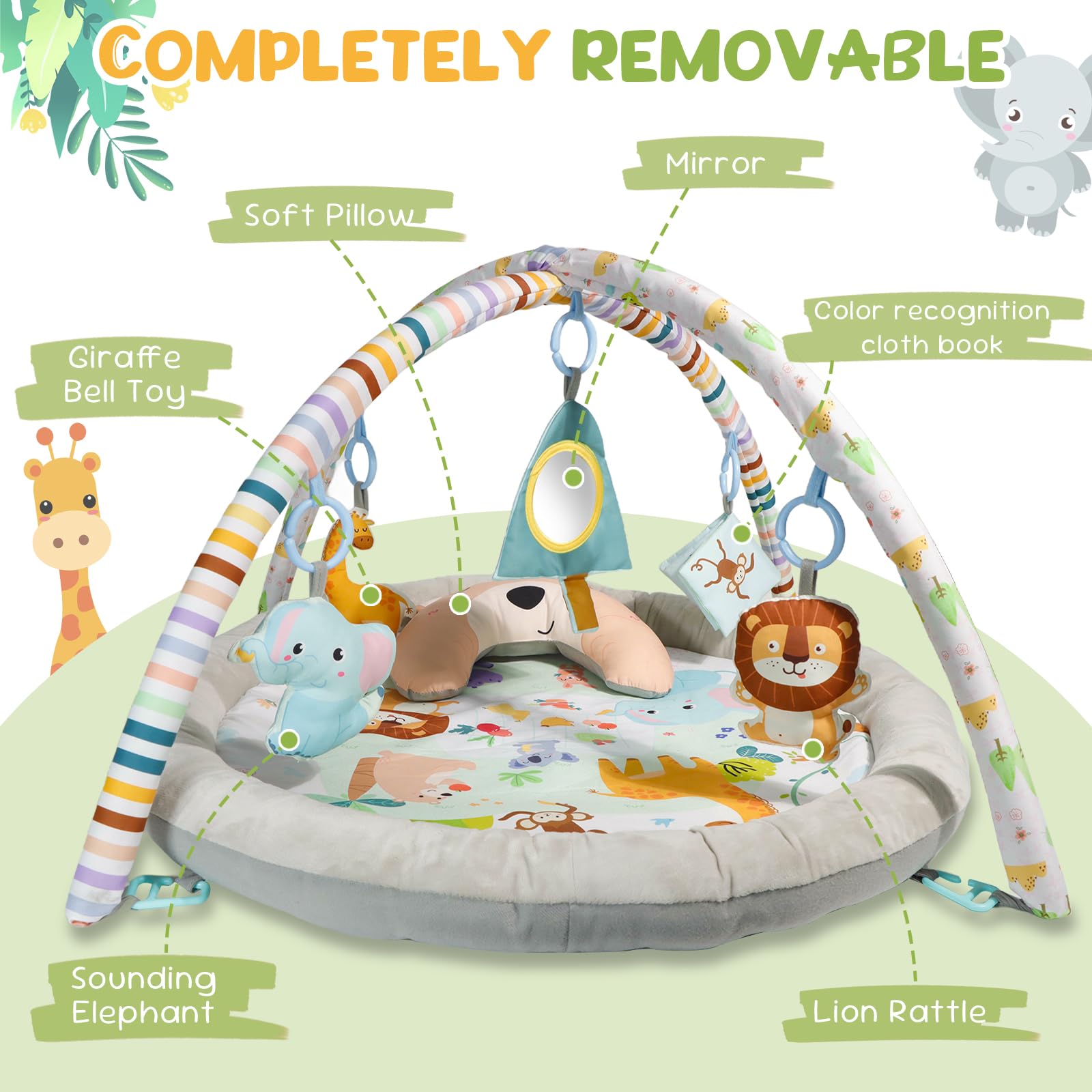 Palestrina Neonato, Tappeto Gioco Attività con 5 Giocattoli Sensoriali e Cuscino Palestrina Neonato Evolutiva per Bambine, Regalo Perfetto Sviluppo Infantile 0-3-6-9-12 Mesi, Bambini Tummy Time