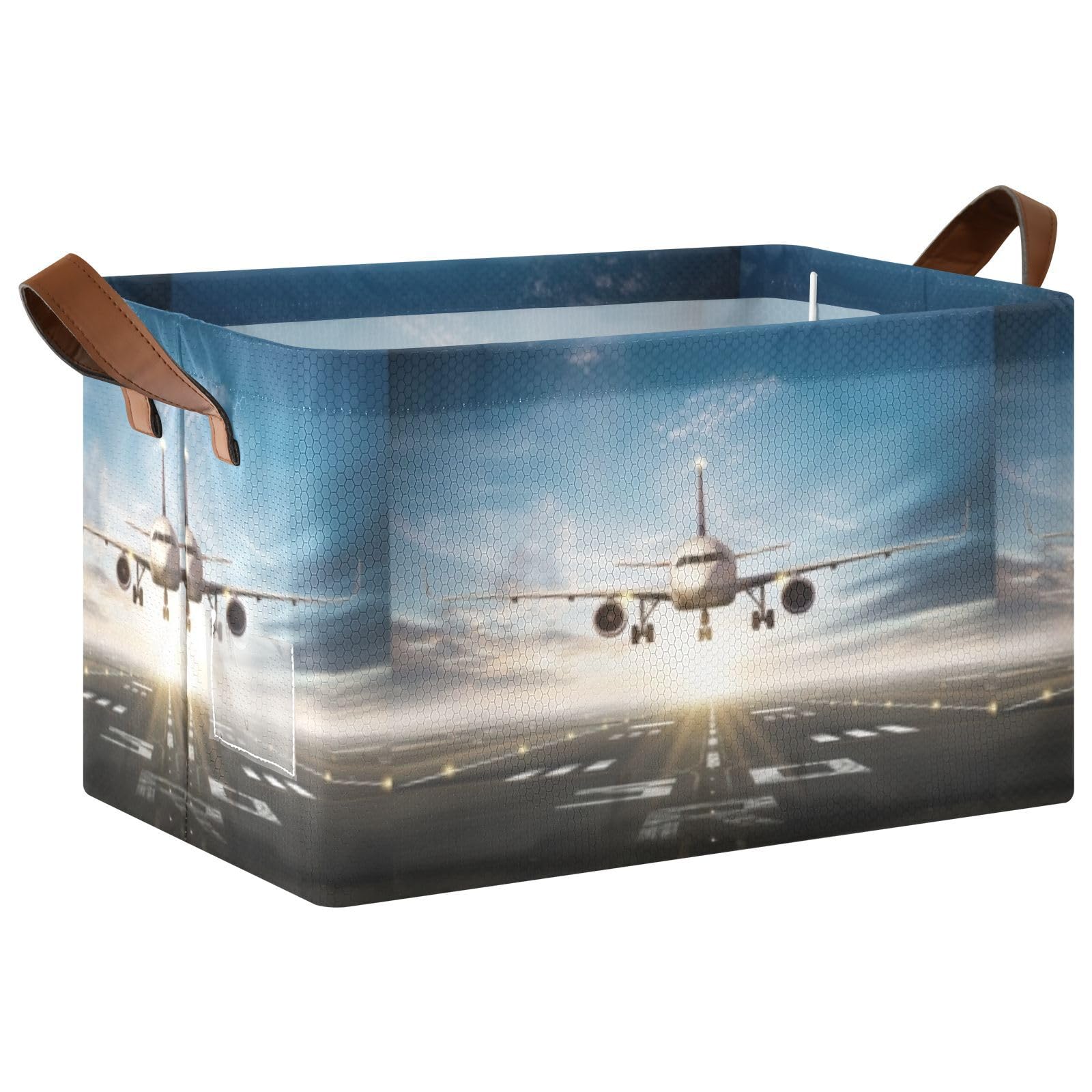 White Aircraft Take Off Runway in Daylight Sunrise 1PC Rectangle Foldable Frame Basket Leather Handles Storage Bin for Laundry Bathroom Organizer M 16.9 x 11.4 x 10 inch