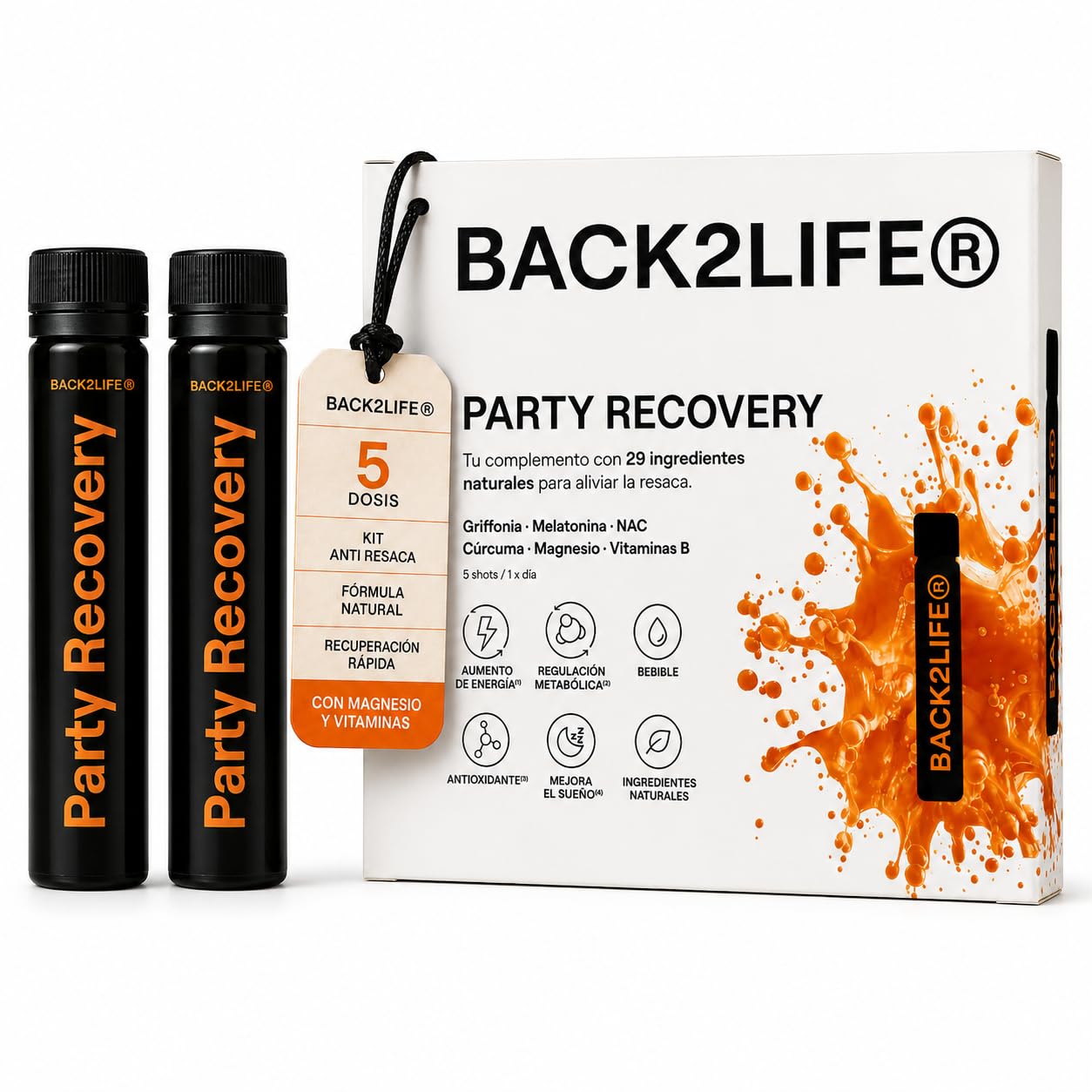 Complemento Stop Resaca Bebible | Vitamina C + Zinc + Taurina + Melatonina + Magnesio Bisglicinato | Anti Resaca 29 Activos Naturales | Kit 5 Shots | Alta Absorción - Party Recovery by BACK2LIFE | Bebible, con Vitamina C, Zinc, Taurina, Melatonina y Magne
