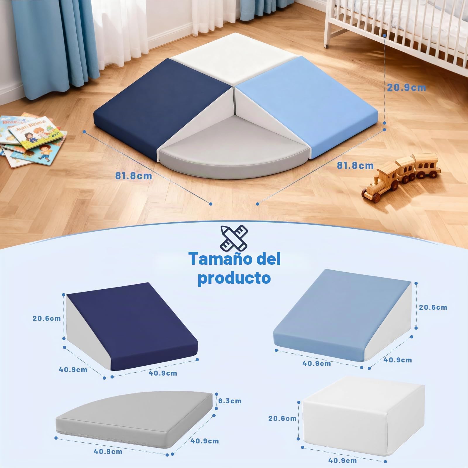Juego de 4 Bloques de Espuma para Niños: Cuero sintético Bloques Psicomotricidad Infantil - Set de Escalada Escalera Doble Rampa para Interior Infantil para Escalar y Niños (Azul)