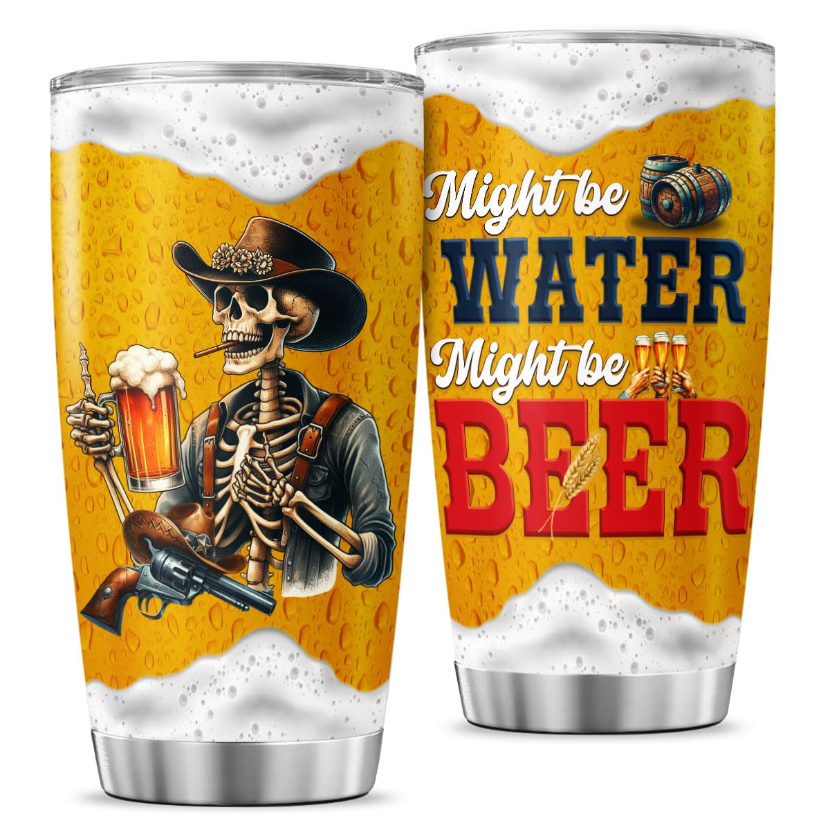 Funny Skeleton Cowboy Beer Mug, Might Be Water Might Be Beer 20oz Insulated Stainless Steel Tumbler, Unique Gag Gift for Men, Birthday for Dad, Husband, Brother, Friend