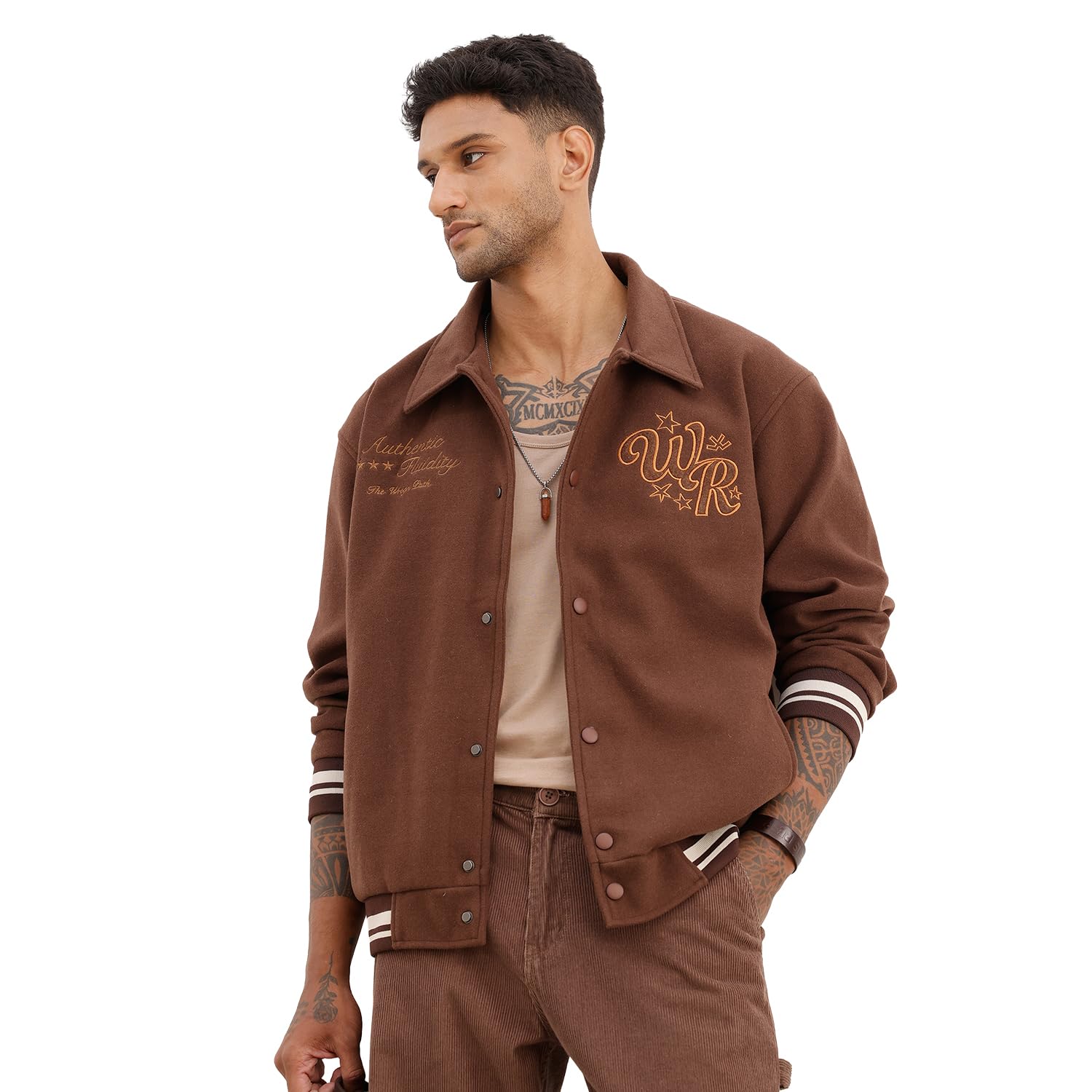 wrogn Men's Classic Suede Finish Bomber Jacket | Brown-picture-13