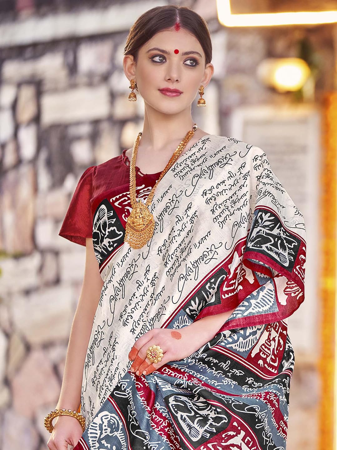 SAREE MALL Women's Bhagalpuri Silk Ethnic Motif Printed Saree With Unstitched Blouse Piece(Off White_30WOM30905_HS) 1