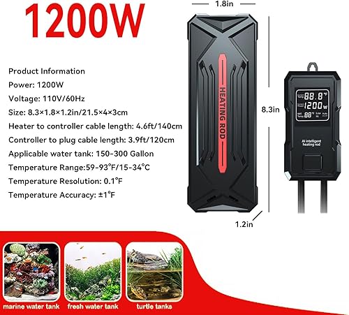 Miniatura 2 de Calentador de acuario, calentador de tanque de peces de 1200 W para agua salada y agua dulce, calentador sumergible inteligente de titanio con
