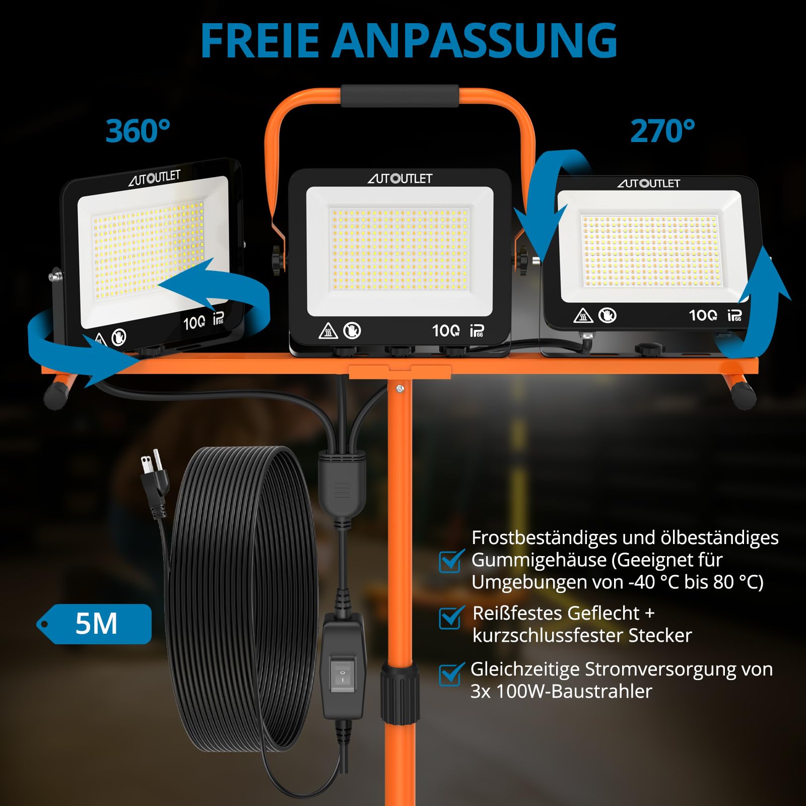 AUTOUTLET Baustrahler LED mit Stativ 300W, 3 Farbtemperaturmodi & 5M Kabel | 27000LM Baulampe, 3000K/5000K/6500K, 118-174cm Höhenverstellbar Stativ, IP66 Wasserdicht, Abnehmbar, für Garage Baustelle