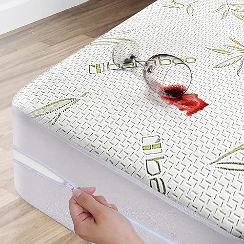 Bamboo Mattress Protector with Zipper - 100% Waterproof Queen Size Cooling Mattress Cover - Ultra Soft Jacquard Fabric Breathable Noiseless Mattress Pad Covers - Zippered Mattress Encasement - Queen - Bamboo