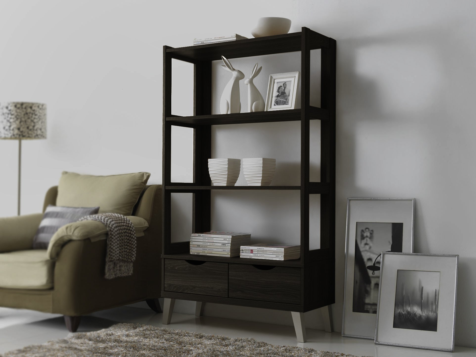 Baxton StudioKalien Modern & Contemporary Wood Bookcase with Display Shelves & Two Drawers, Dark Brown