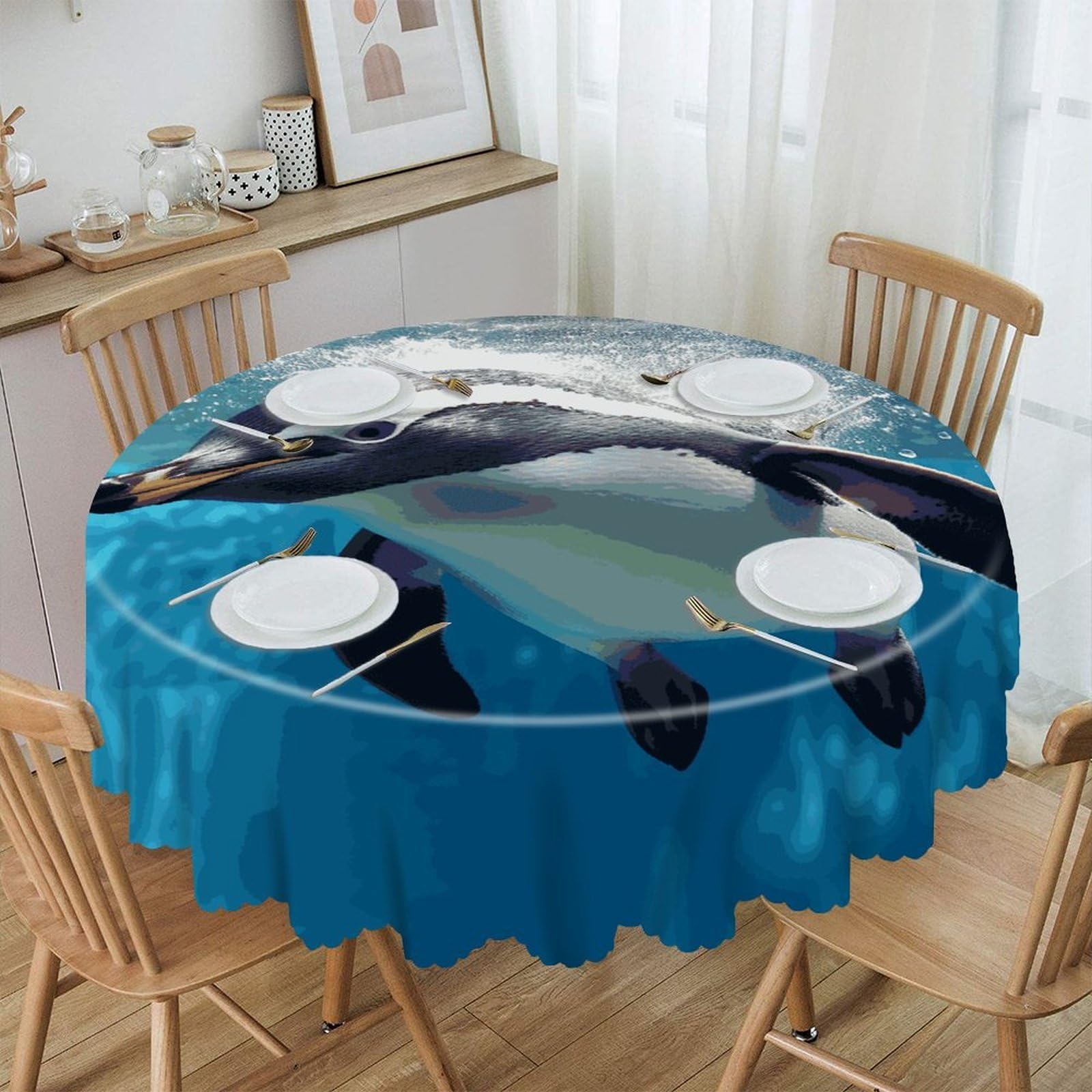 VstaDank Swimming Penguin Round Tablecloth 60 Inch Easy to Clean Circle Table Cover Thick Decorative Round Polyester Table Cloth for Dining Kitchen Party Farmhouse Outdoor