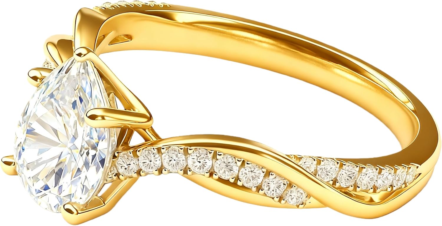 925 Silver Gold Pear Shape Diamond Ring for Women, Twisted Design Diamond Band, Elegant Engagement, Wedding & Anniversary Jewelry