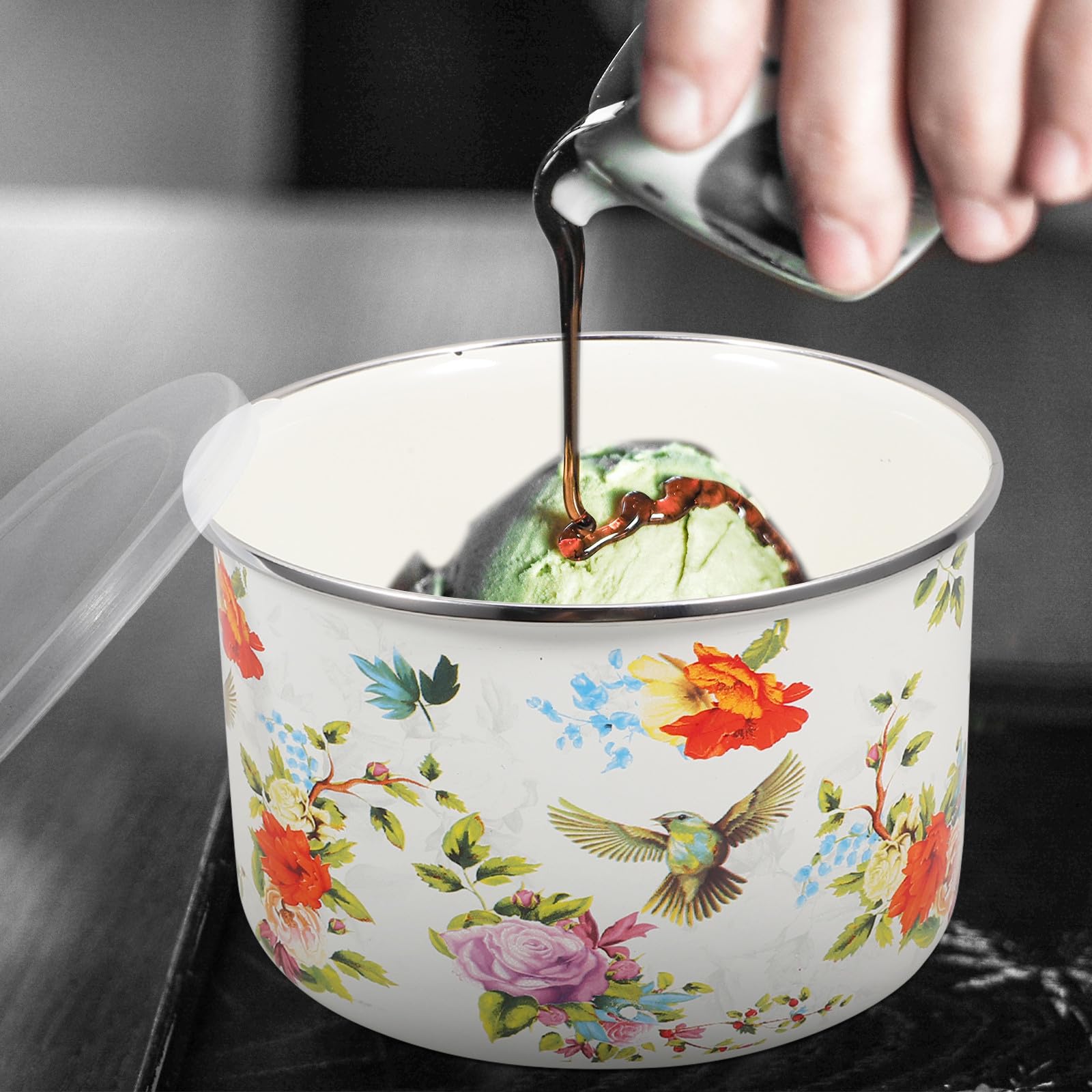 5 Stück Tiefer Emailleschüsseln mit Transparentem Kunststoffdeckel Luftdichte Frische Aufbewahrungsschalen für Suppe und Nudeln für Zuhause und Restaurant