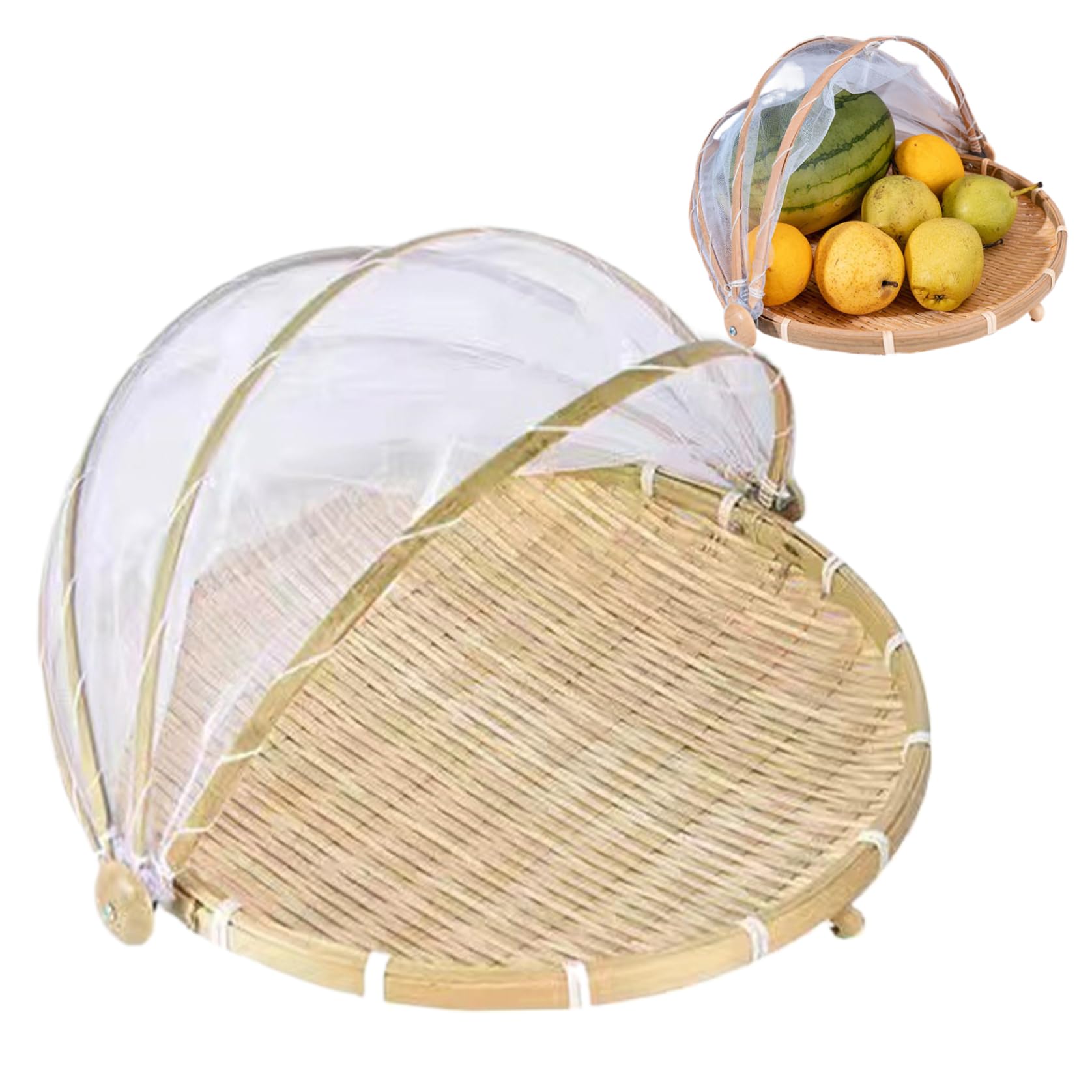 Perodlly Bamboo Basket, 14.2x9.8 Dustproof Fruit Basket with Cover, Visible Brethable Mesh Food Covers, Portable Round Food Tent for Vegetable Fruits Bread ..