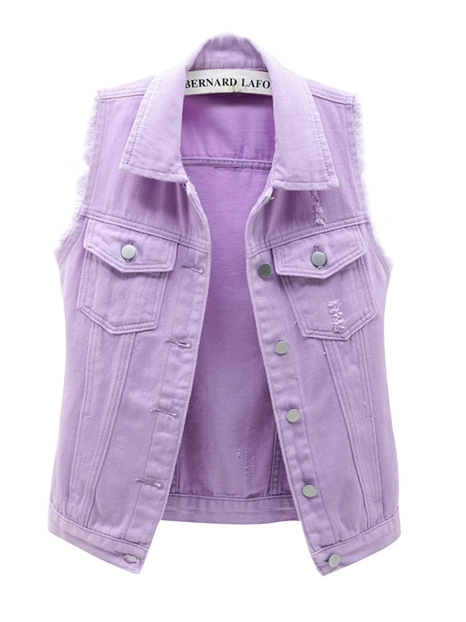 Acrawnni Women's Vintage Button Up Sleeveless Washed Ripped Crop Denim Vest Solid Color Lapel Jean Waistcoat Ripped Cardigan (A-Purple, 2XL)